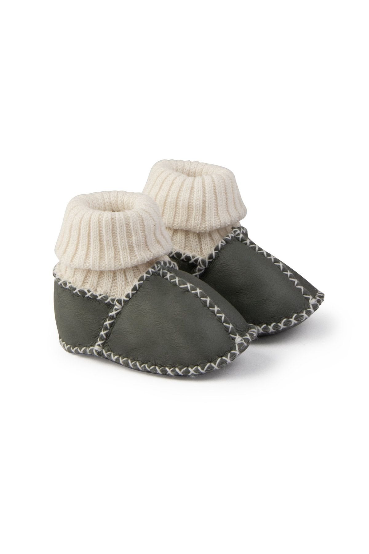 Pegia Tosa Khaki Grey Leather Shearling Baby Sock Booties 0–18M