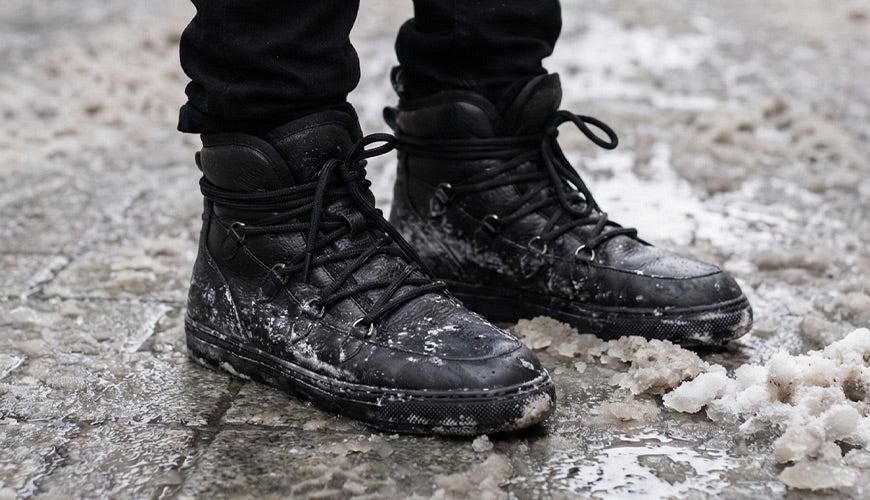 Pegia leather winter boots showing salt stains after walking on snowy pavements