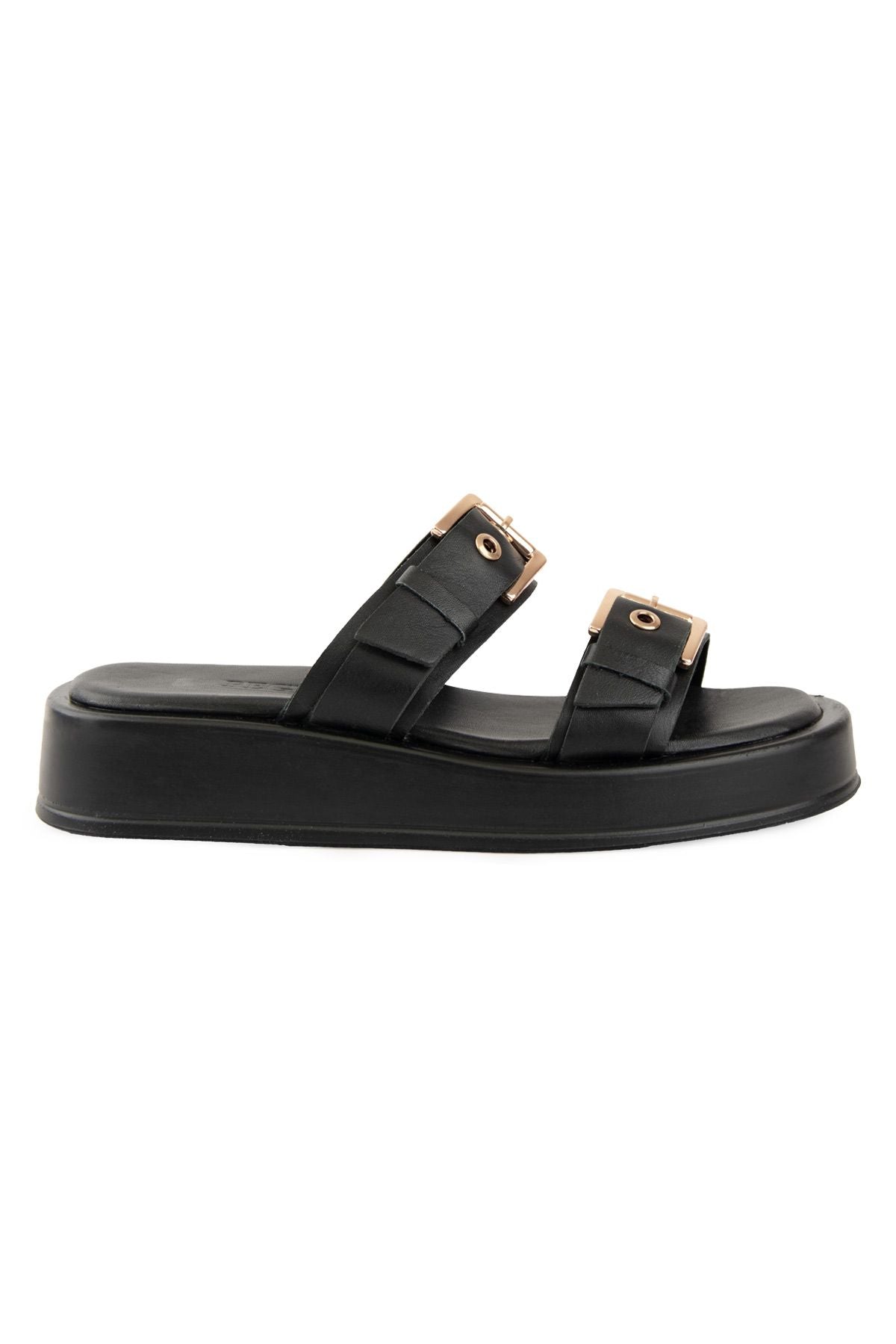 Pegia Leather Double Buckle Women's Sandal DG6094  - Black