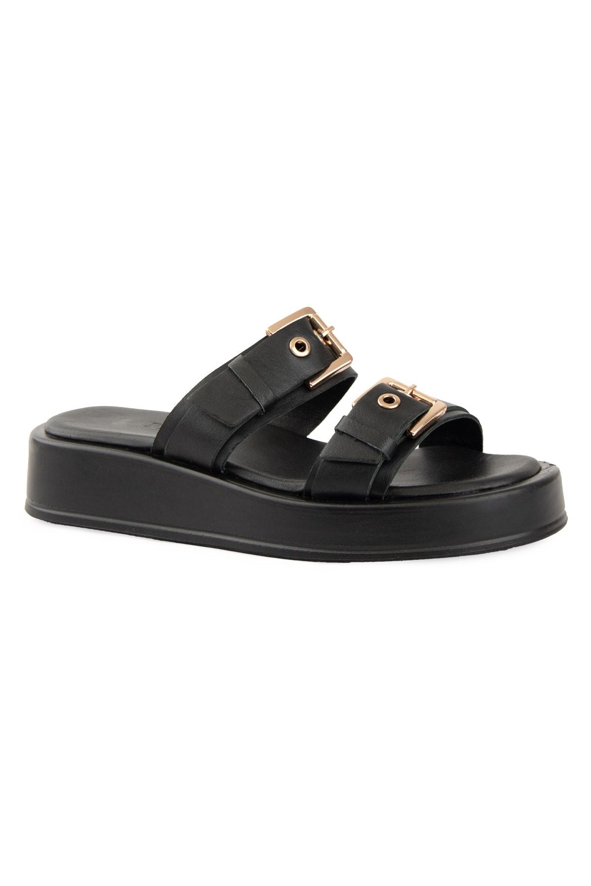 Pegia Leather Double Buckle Women's Sandal DG6094  - Black