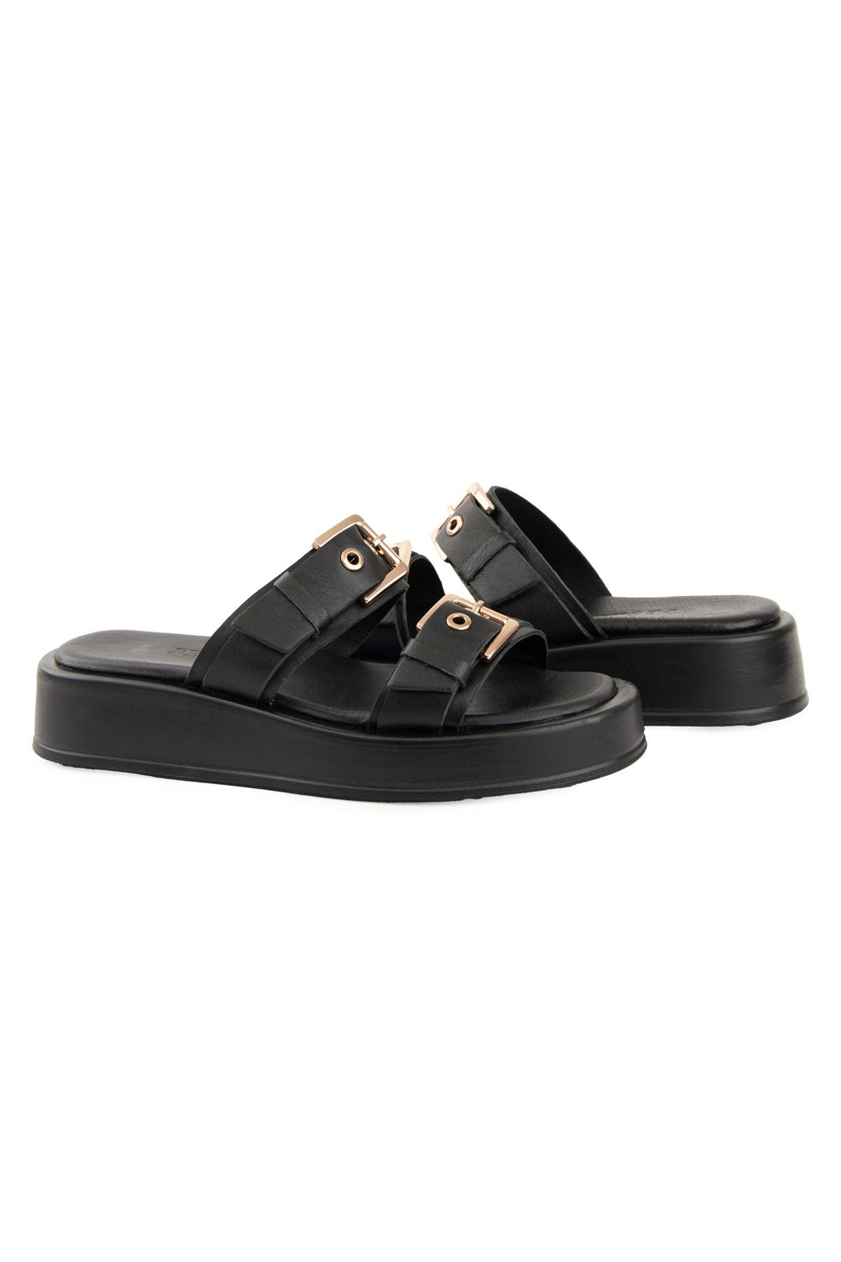 Pegia Leather Double Buckle Women's Sandal DG6094  - Black