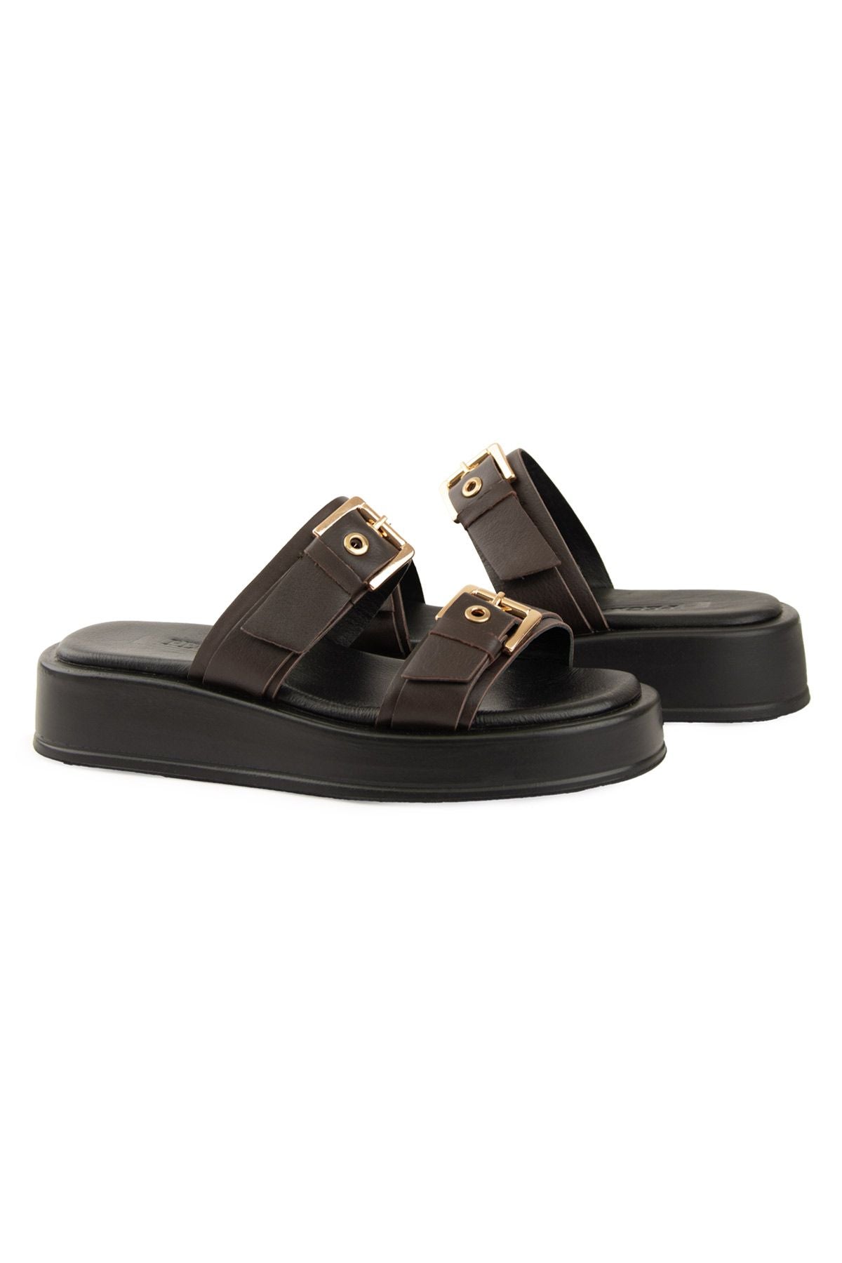Pegia Leather Double Buckle Women's Sandal DG6094  - Choco