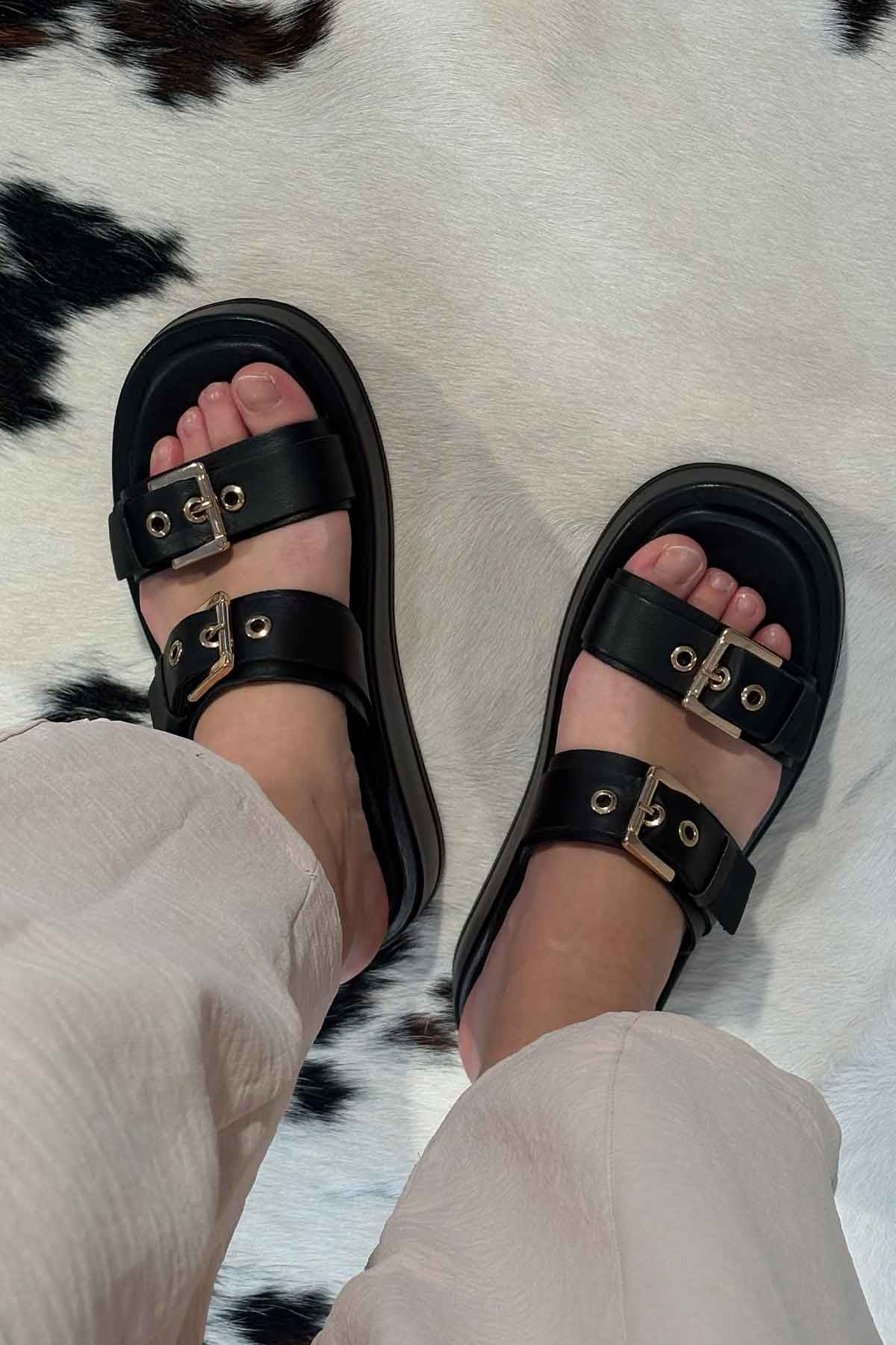 Pegia Leather Double Buckle Women's Sandal DG6094  - Black