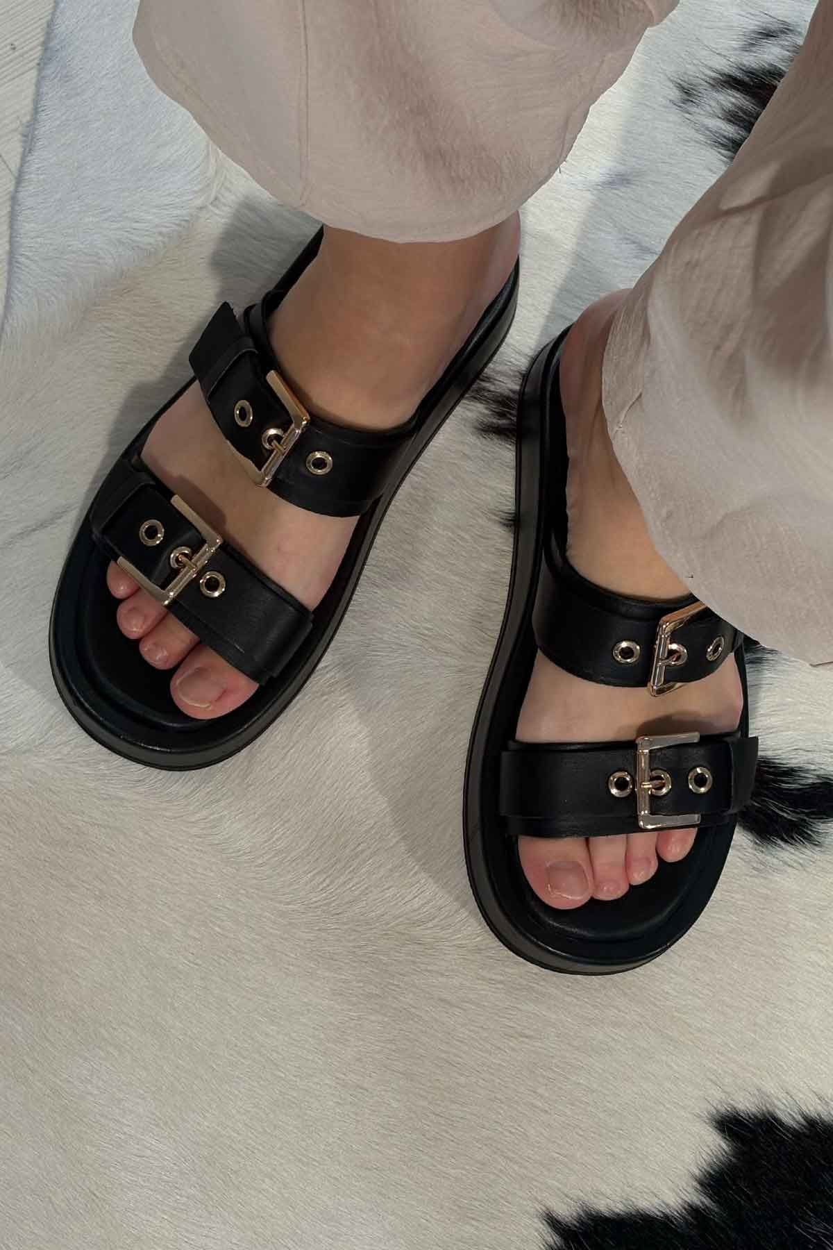 Pegia Leather Double Buckle Women's Sandal DG6094  - Black