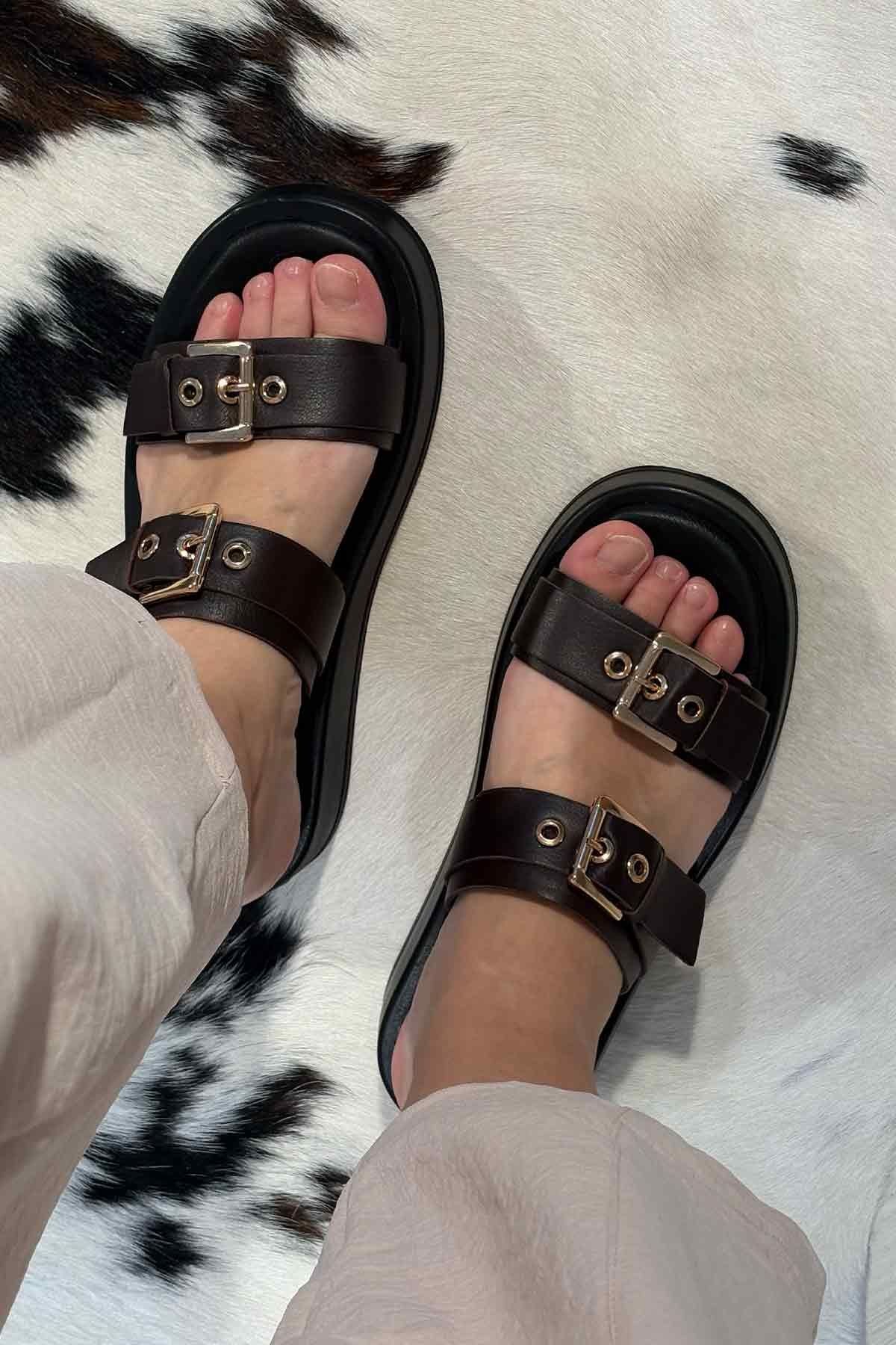 Pegia Leather Double Buckle Women's Sandal DG6094  - Choco