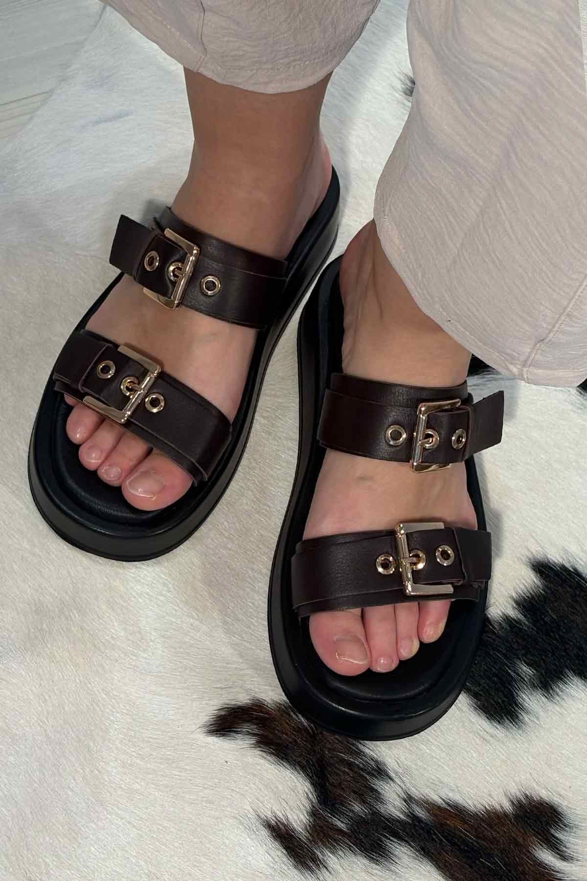 Pegia Leather Double Buckle Women's Sandal DG6094  - Choco