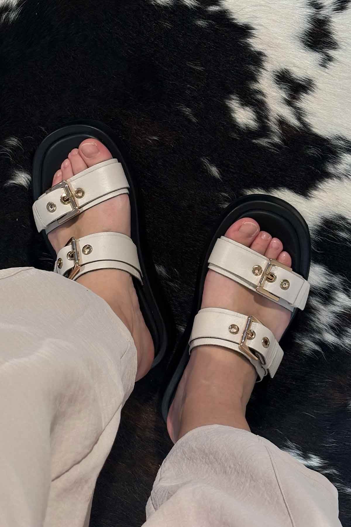 Pegia Leather Double Buckle Women's Sandal DG6094  - Cream