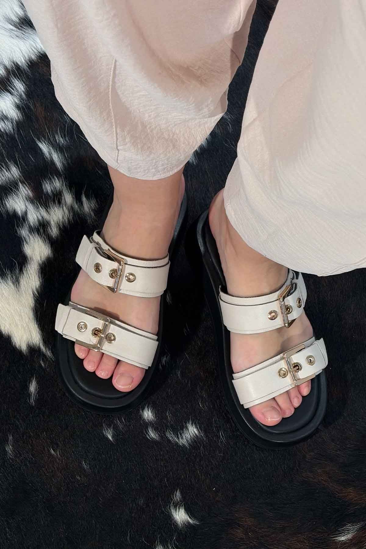Pegia Leather Double Buckle Women's Sandal DG6094  - Cream