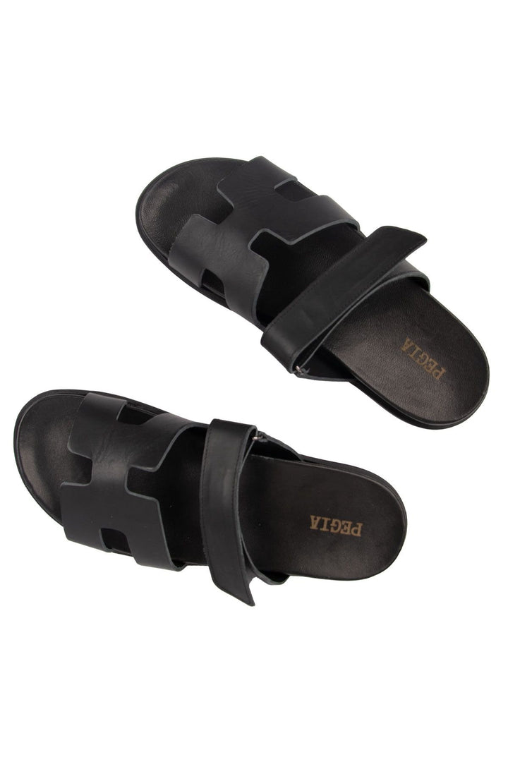 Pegia Men's Leather Strap Slippers 215027  - Black