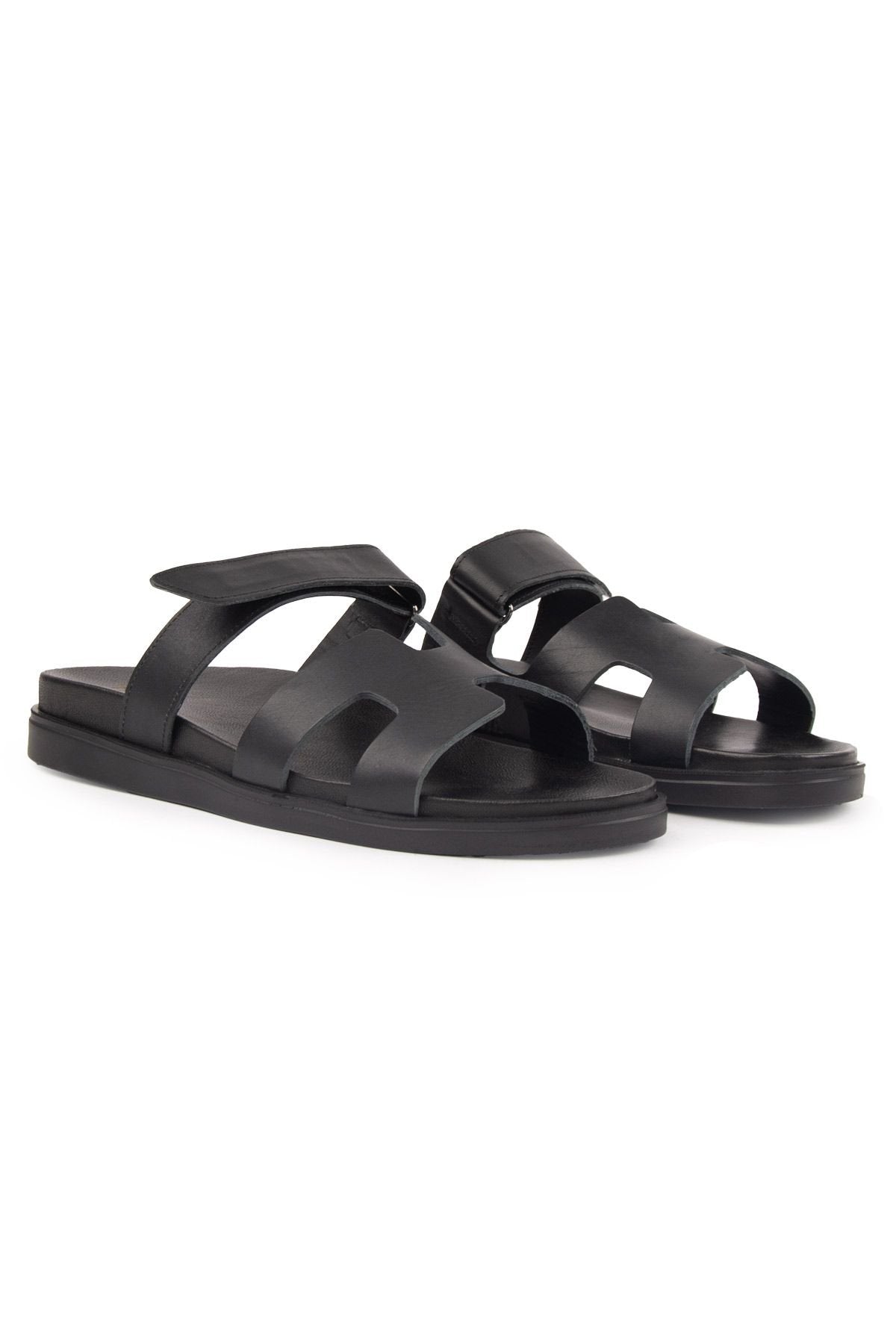 Pegia Men's Leather Strap Slippers 215027  - Black