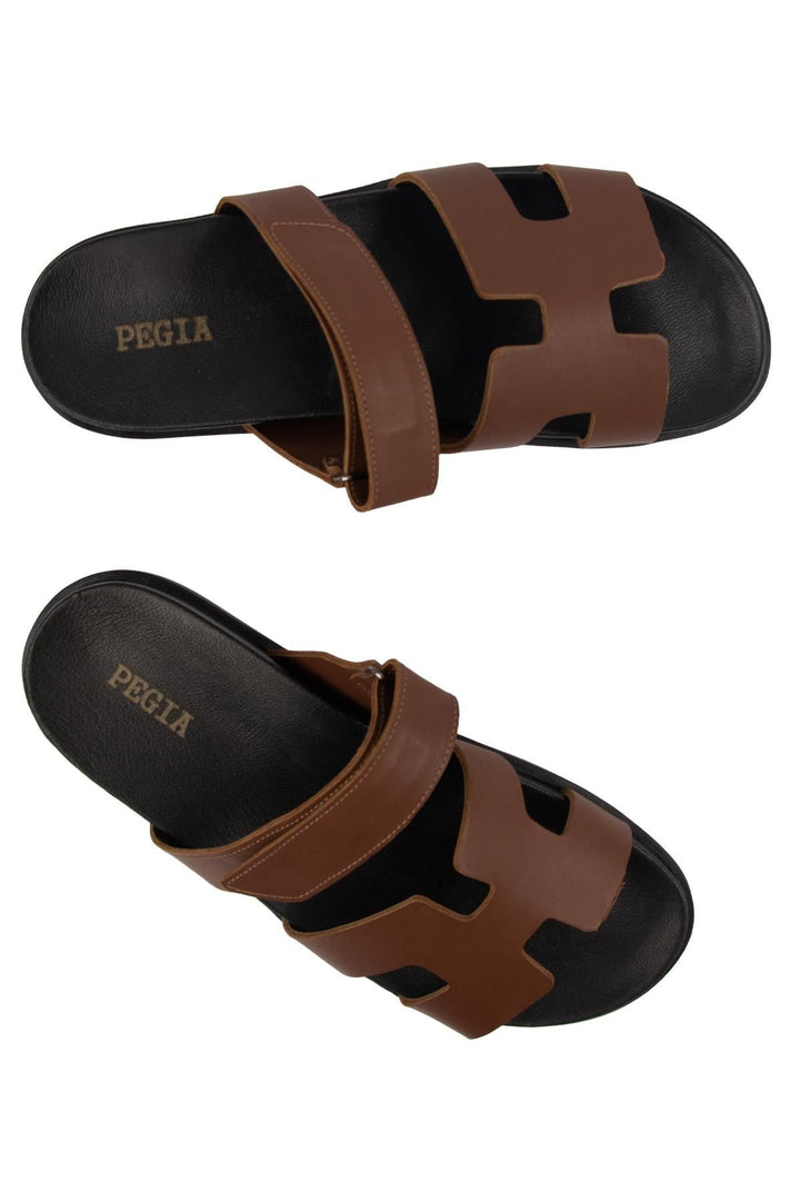 Pegia Men's Leather Strap Slippers 215027  - Light Brown