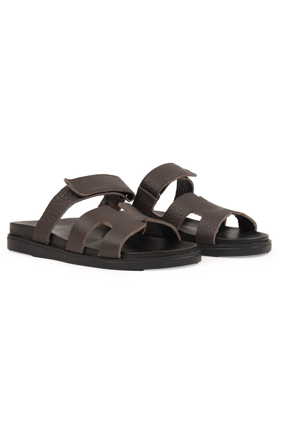 Pegia Men's Strap Leather Slippers 215028  - Choco