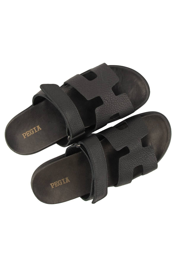 Pegia Men's Strap Leather Slippers 215028  - Black