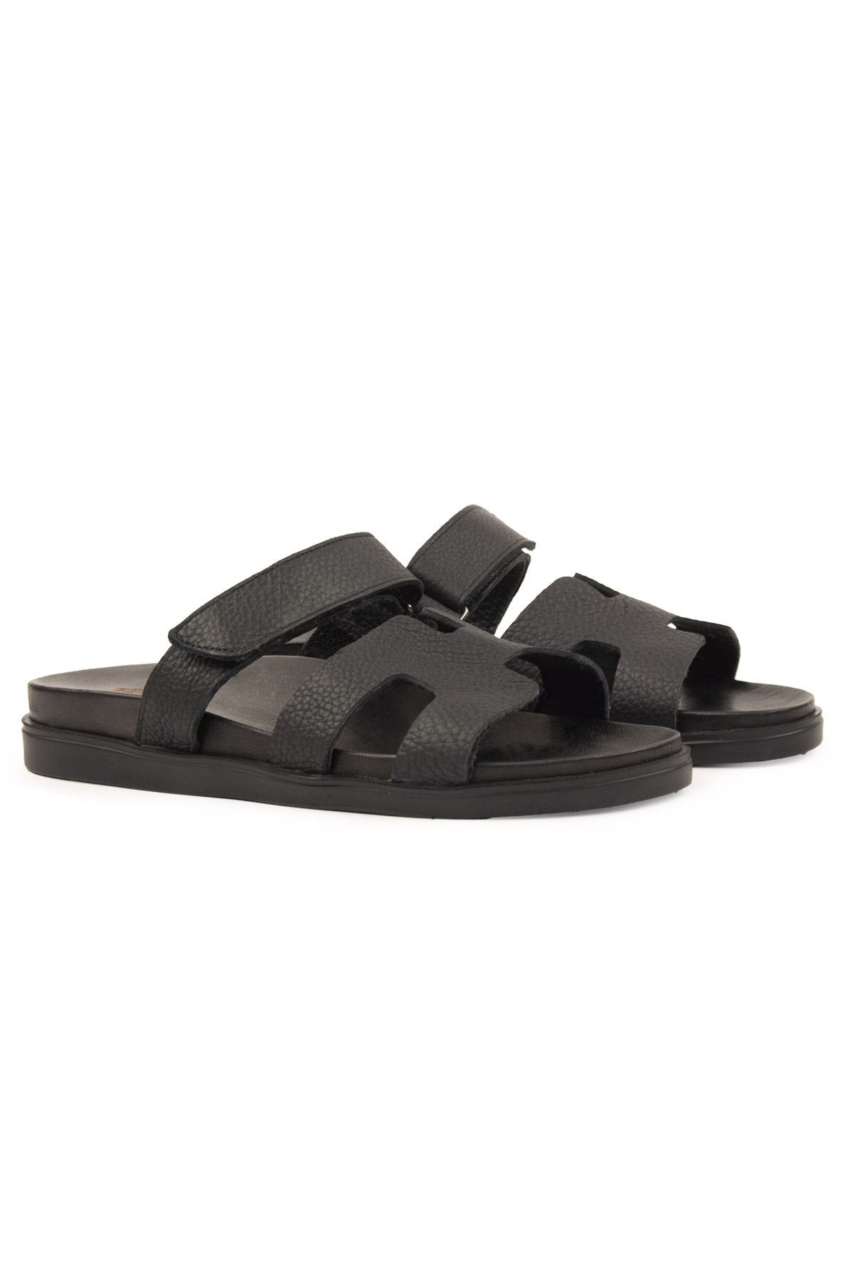 Pegia Men's Strap Leather Slippers 215028  - Black
