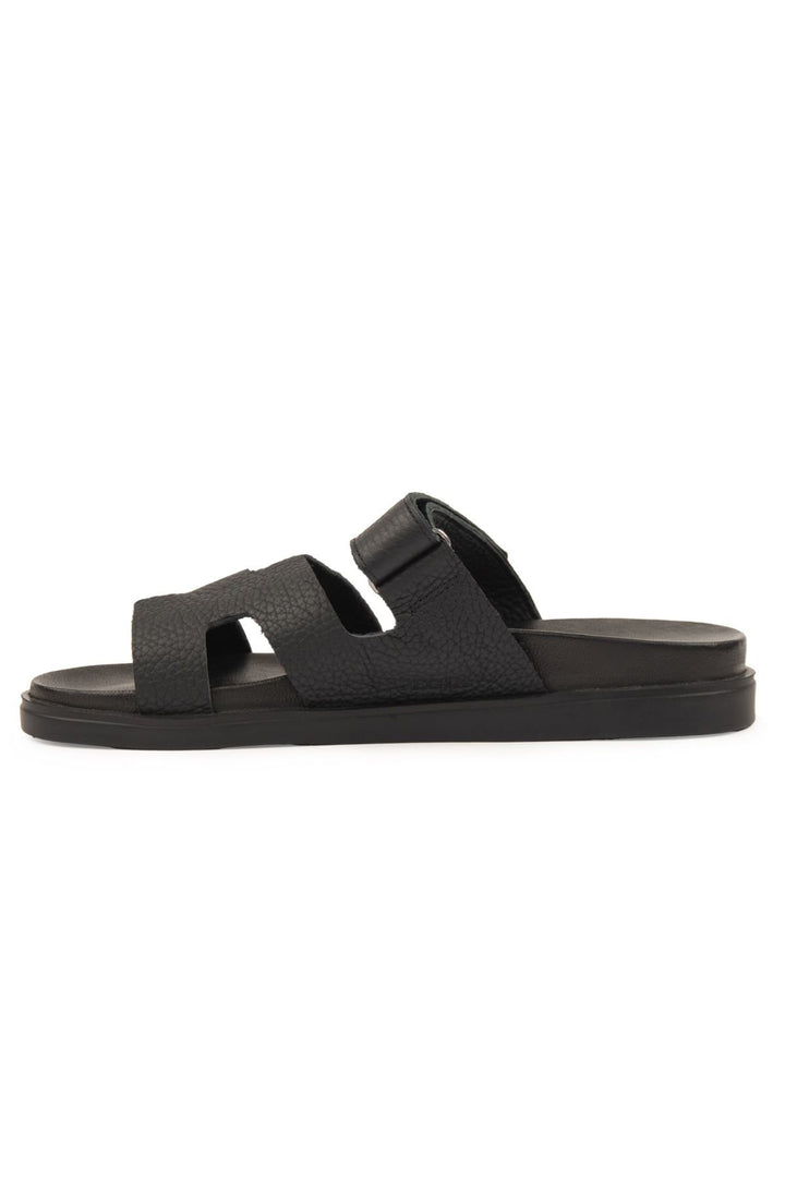 Pegia Men's Strap Leather Slippers 215028  - Black