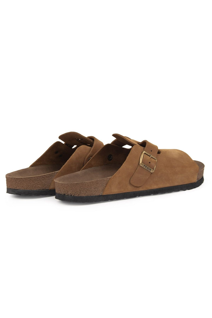 Pegia Men's Leather Buckled Slippers 215030  - Chestnut