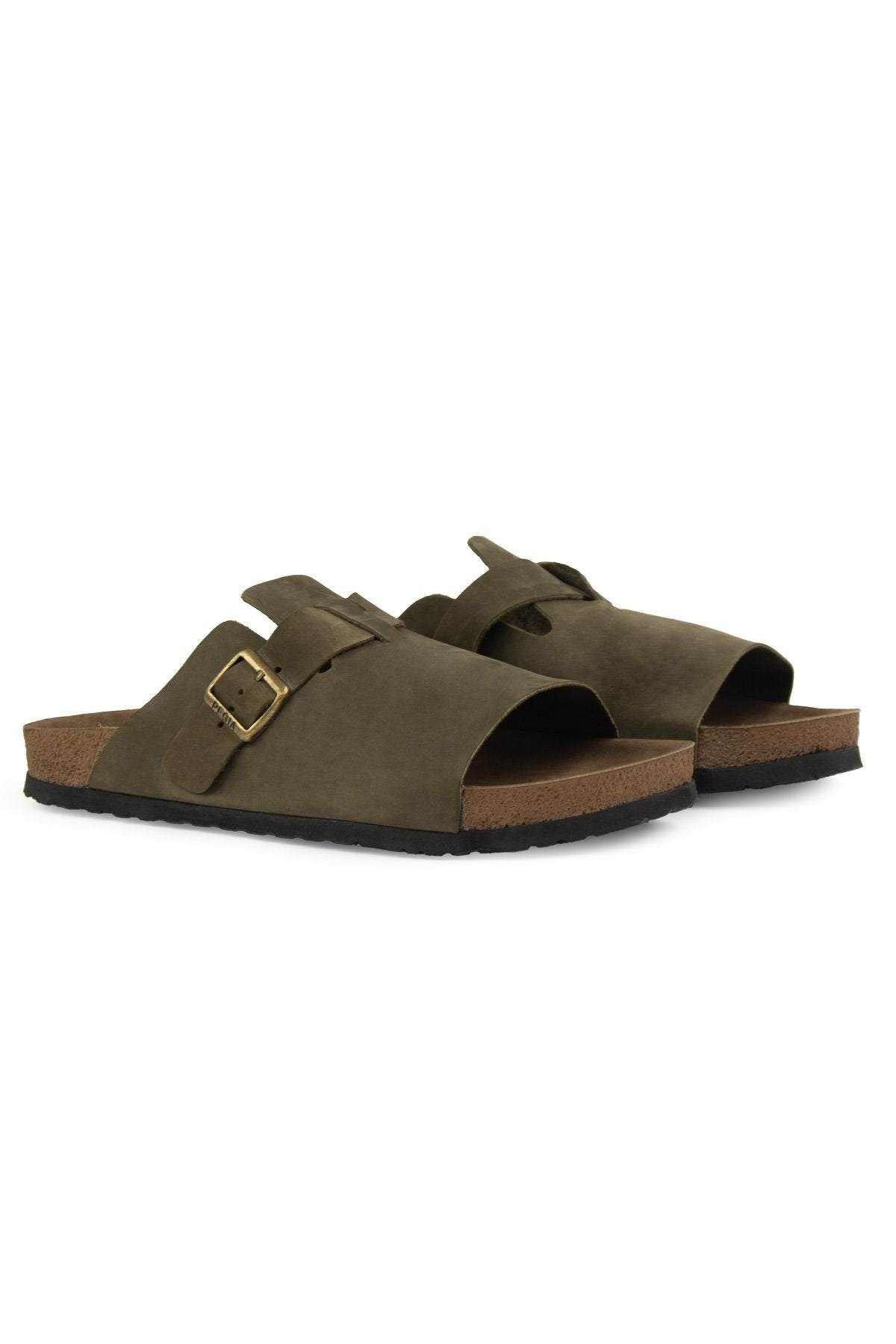 Pegia Men's Leather Buckled Slippers 215030  - Khaki