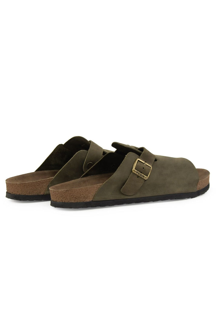 Pegia Men's Leather Buckled Slippers 215030  - Khaki