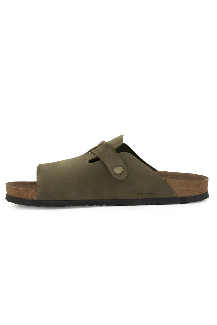 Pegia Men's Leather Buckled Slippers 215030  - Khaki