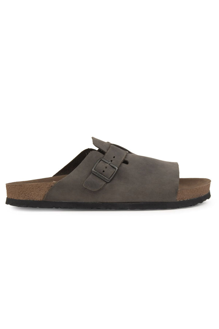 Pegia Men's Leather Buckled Slippers 215030  - Charcoal