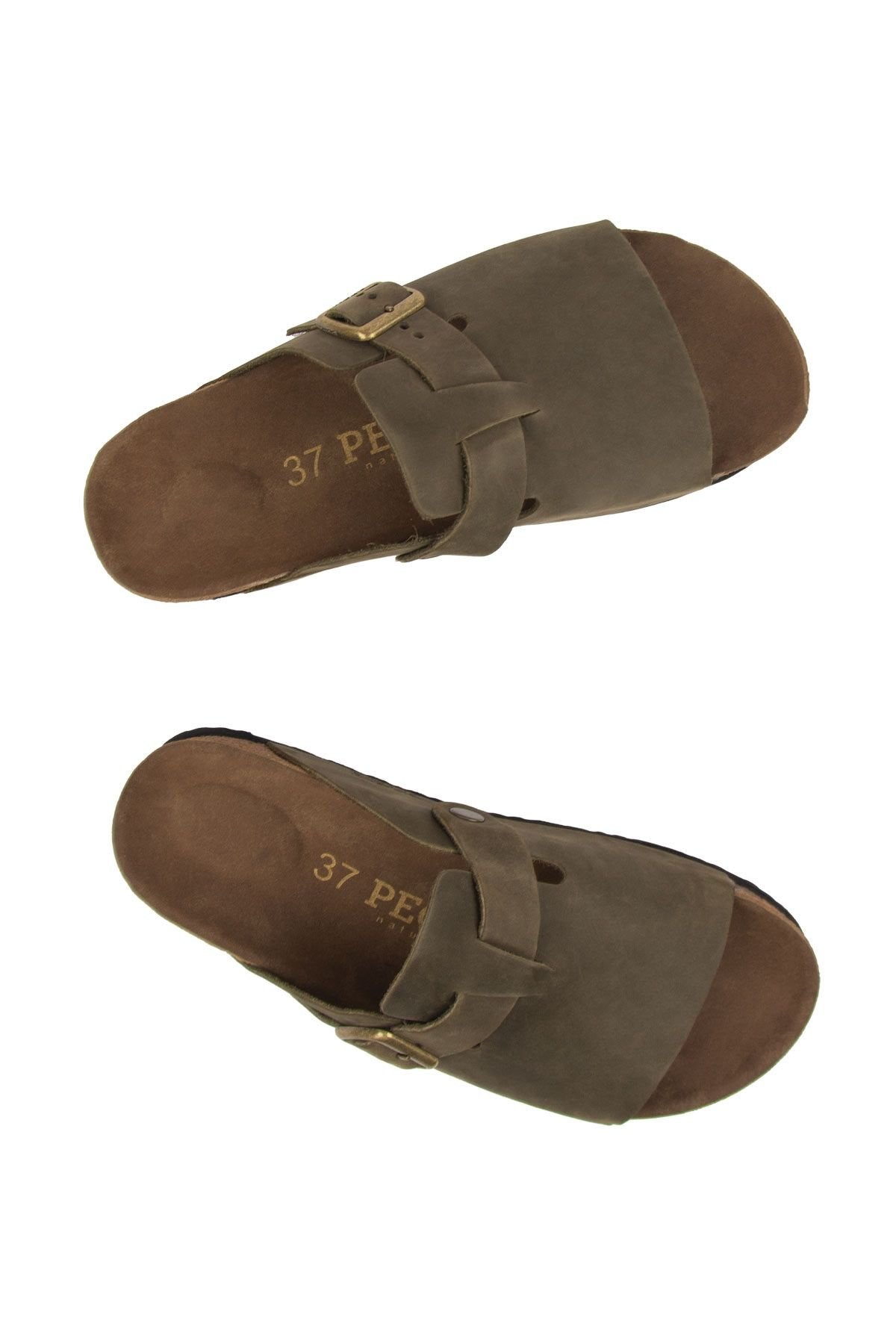 Pegia Women's Leather Buckled Slippers 215546  - Khaki