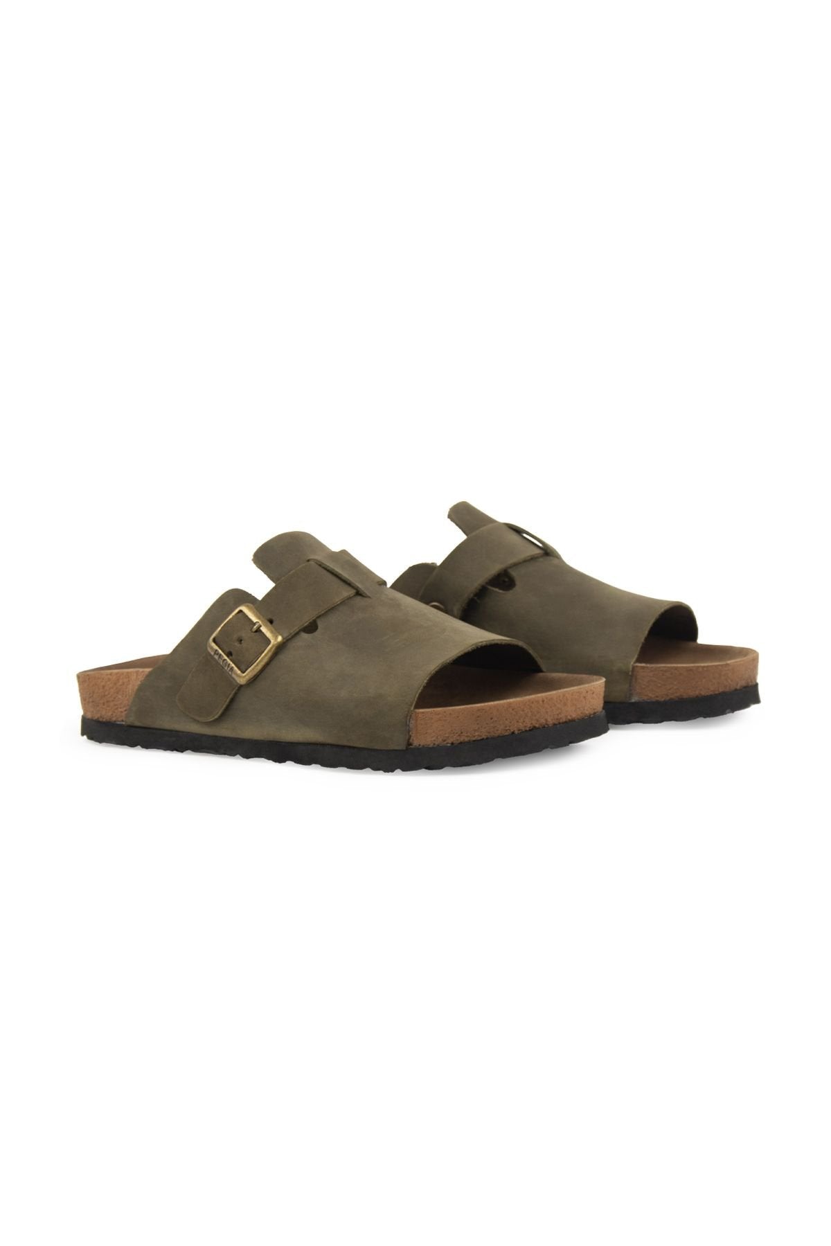 Pegia Women's Leather Buckled Slippers 215546  - Khaki