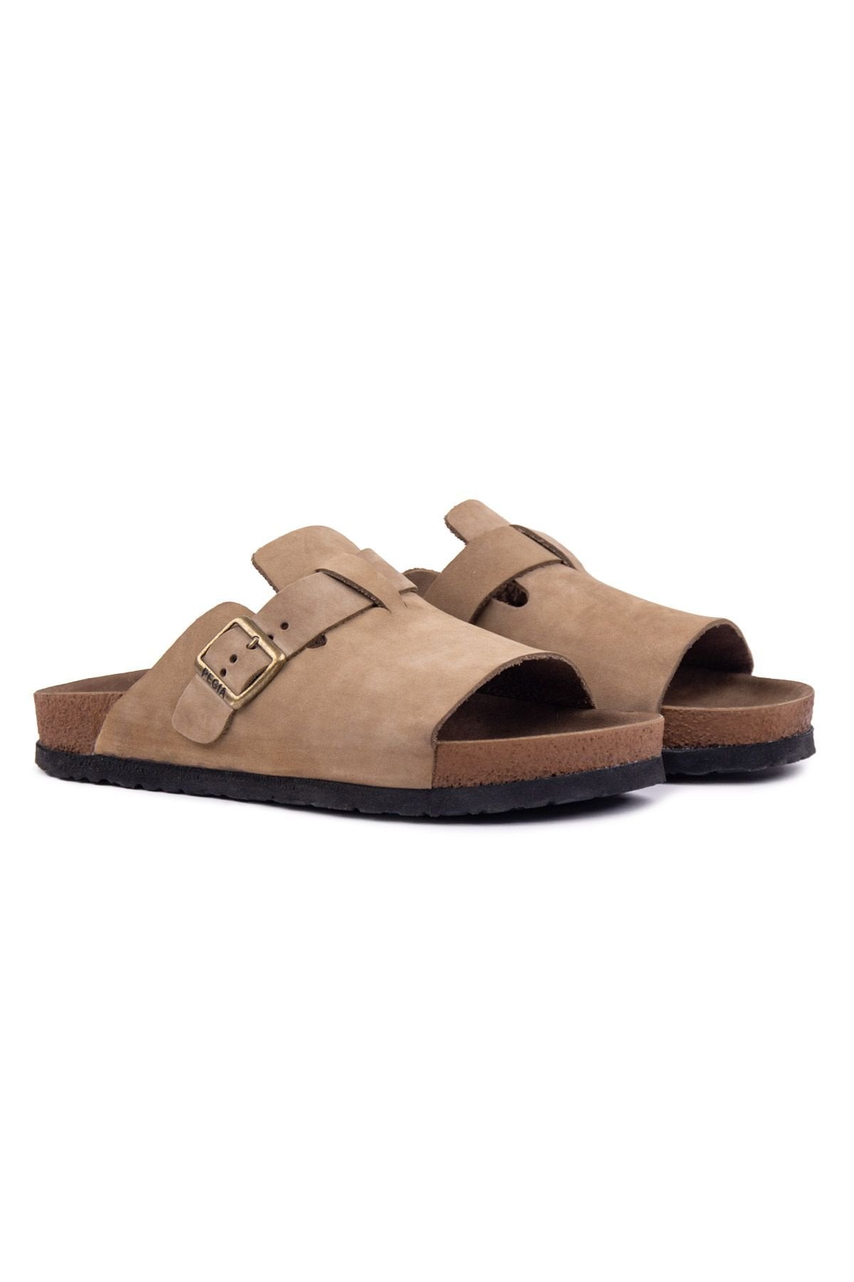 Pegia Women's Leather Buckled Slippers 215546  - Latte
