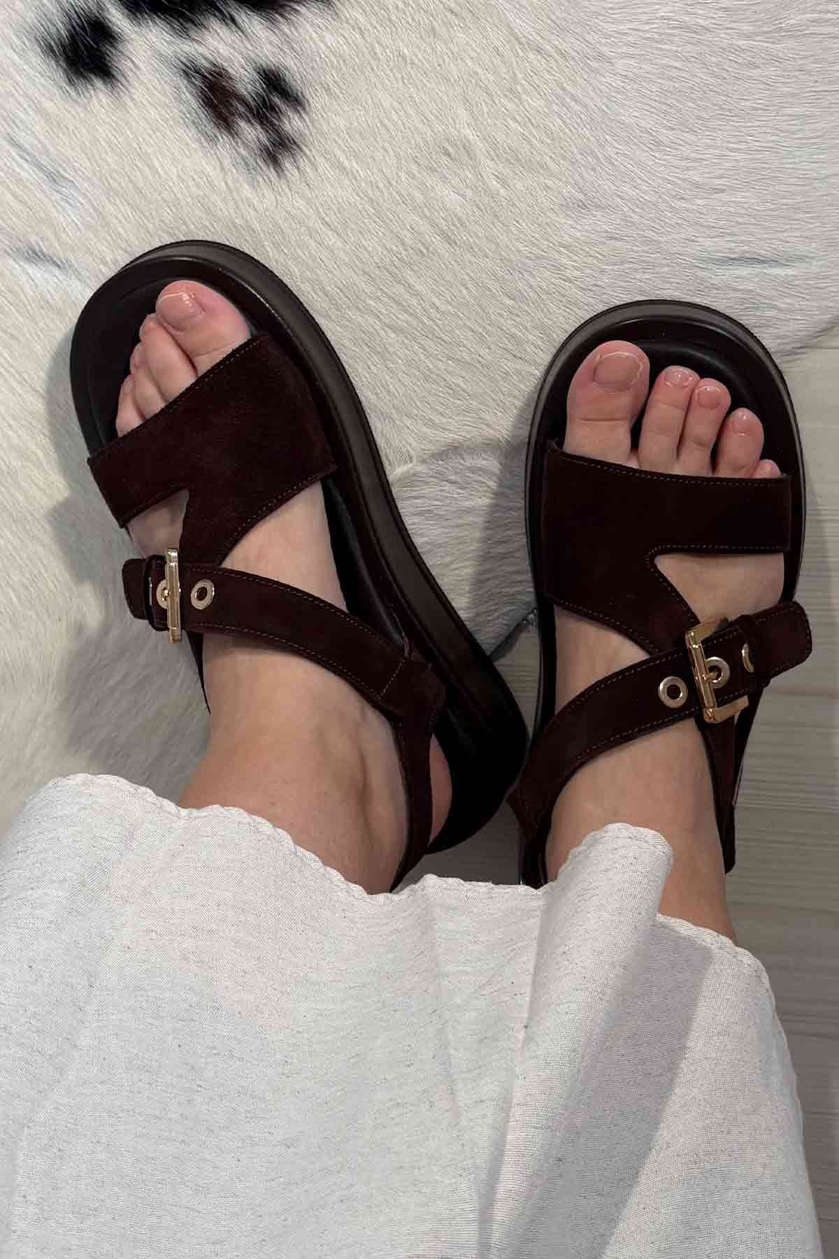 Pegia Genuine Suede Buckle Women's Sandal DG6092  - Choco