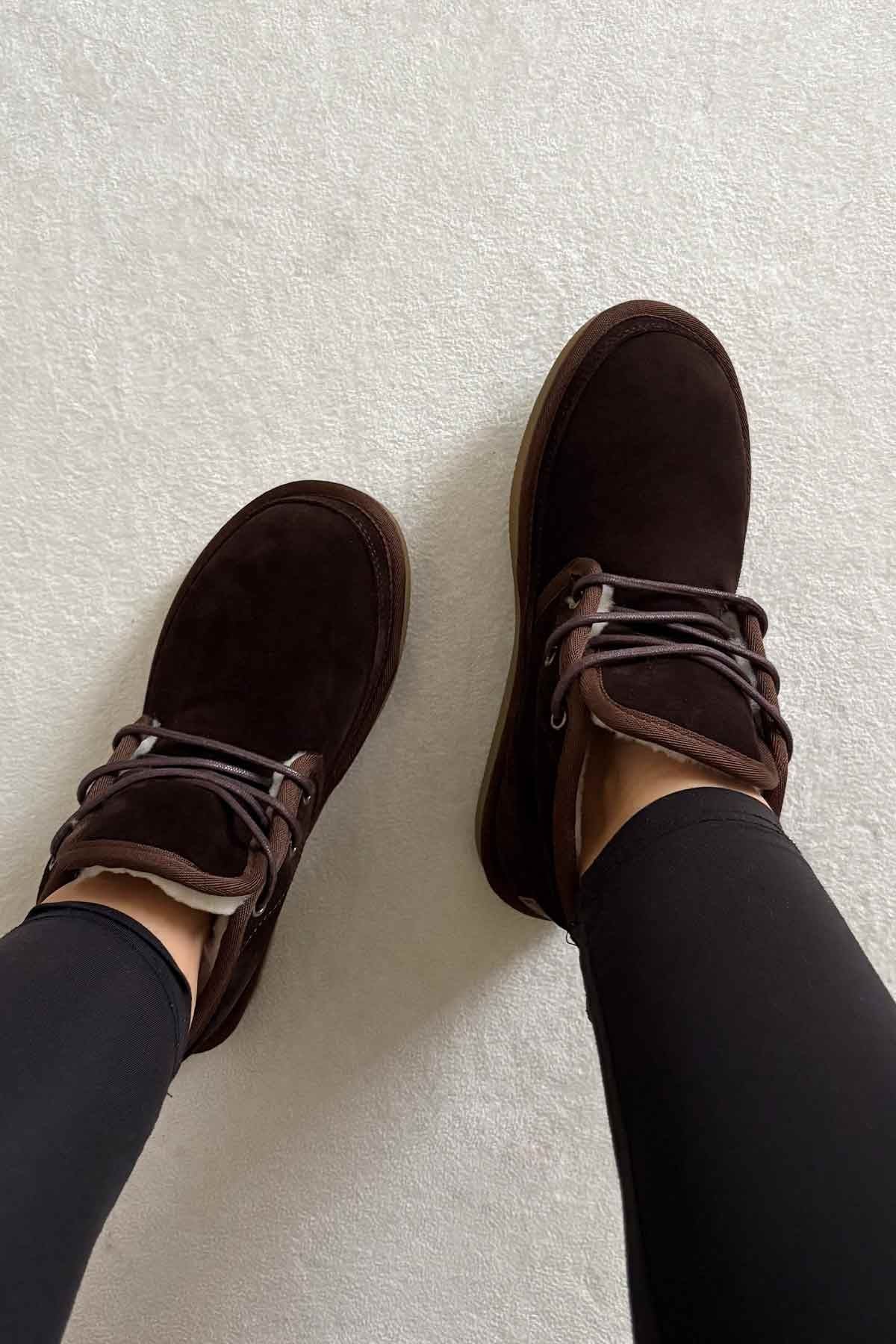 Pegia Shearling Lace-up Women's Boots 191112  - Choco
