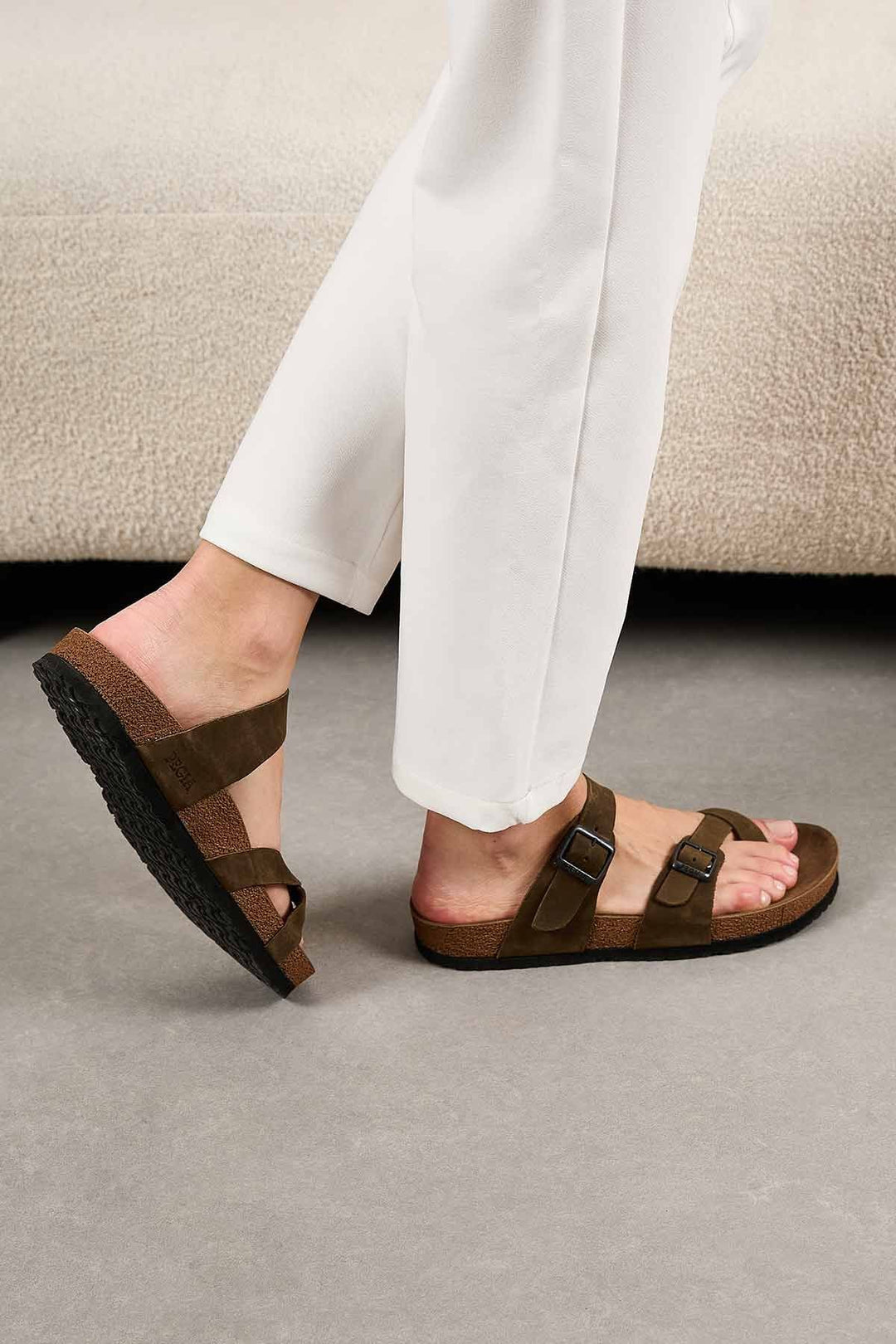 Pegia Women's Leather Slippers 215522  - Khaki