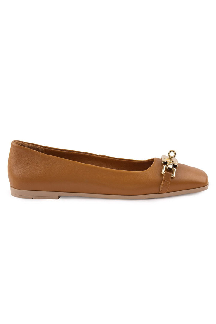 Pegia Women's Leather Buckled Ballerinas DG6032  - Chestnut