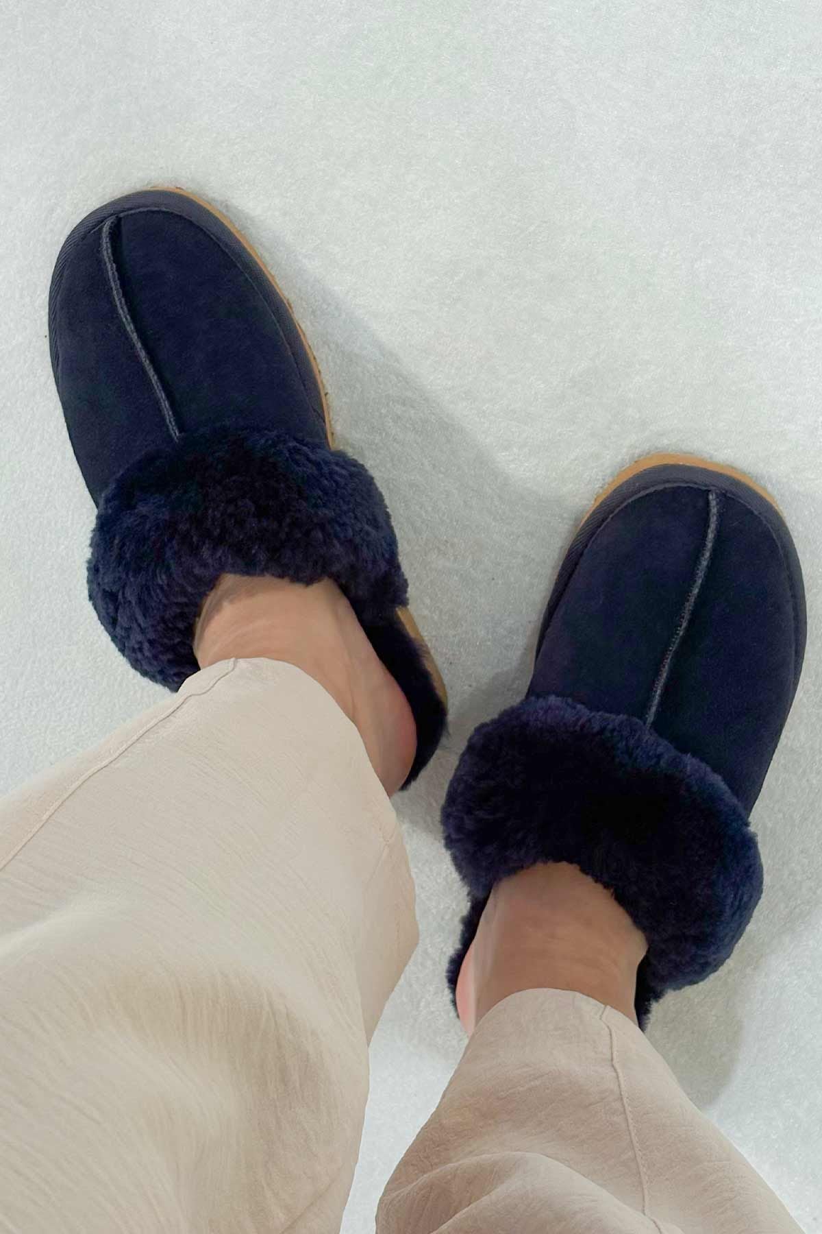Pegia Women's Sheepskin House Slippers 191202  - Navy
