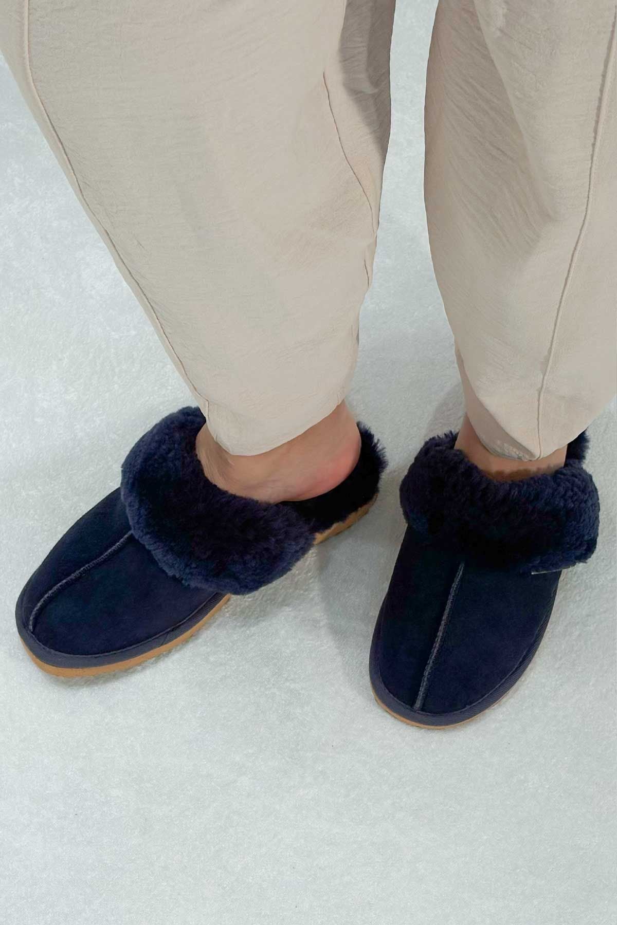 Pegia Women's Sheepskin House Slippers 191202  - Navy