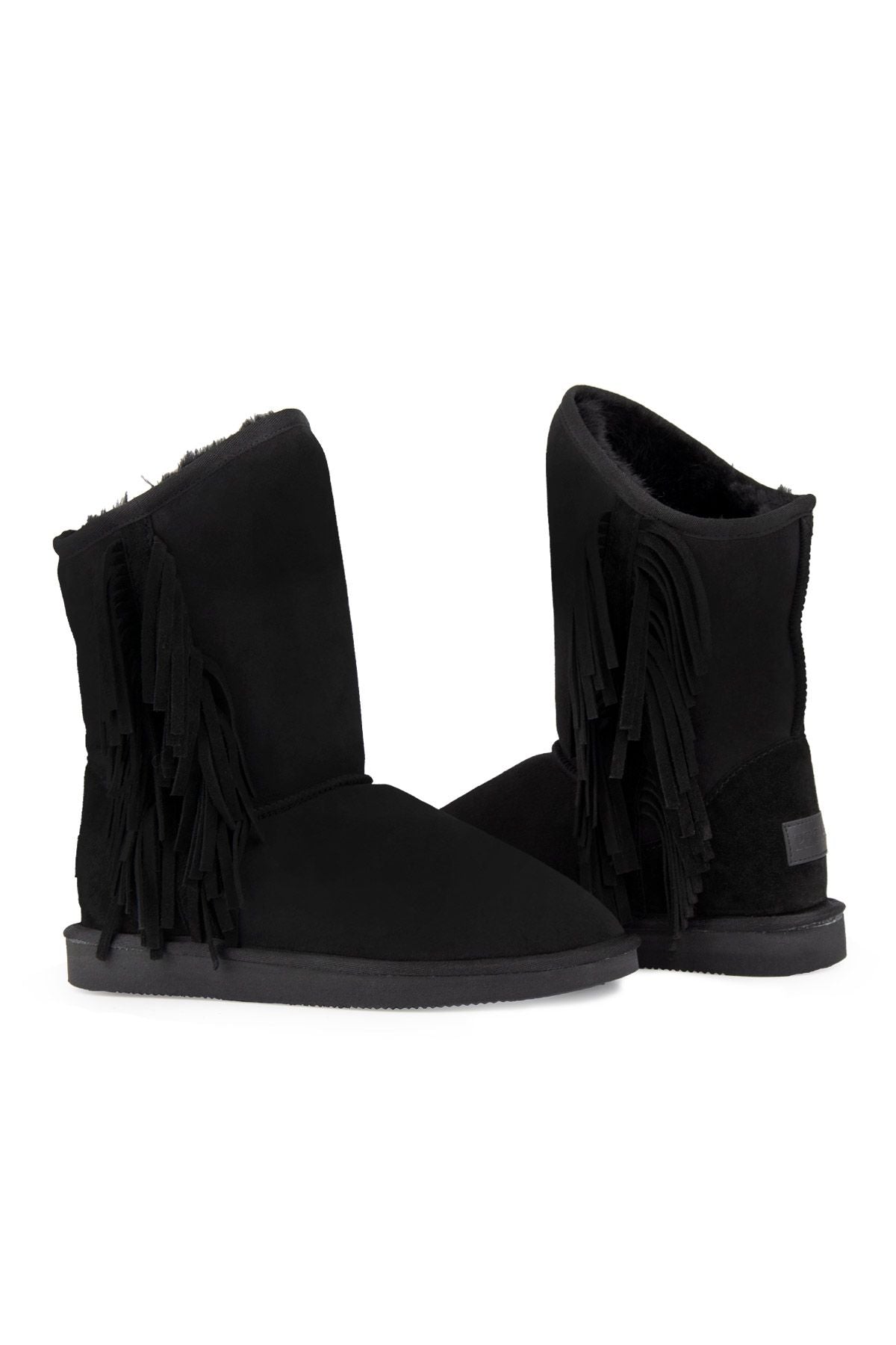 Pegia Fringed Sheepskin Tall Boots 191361  - Black