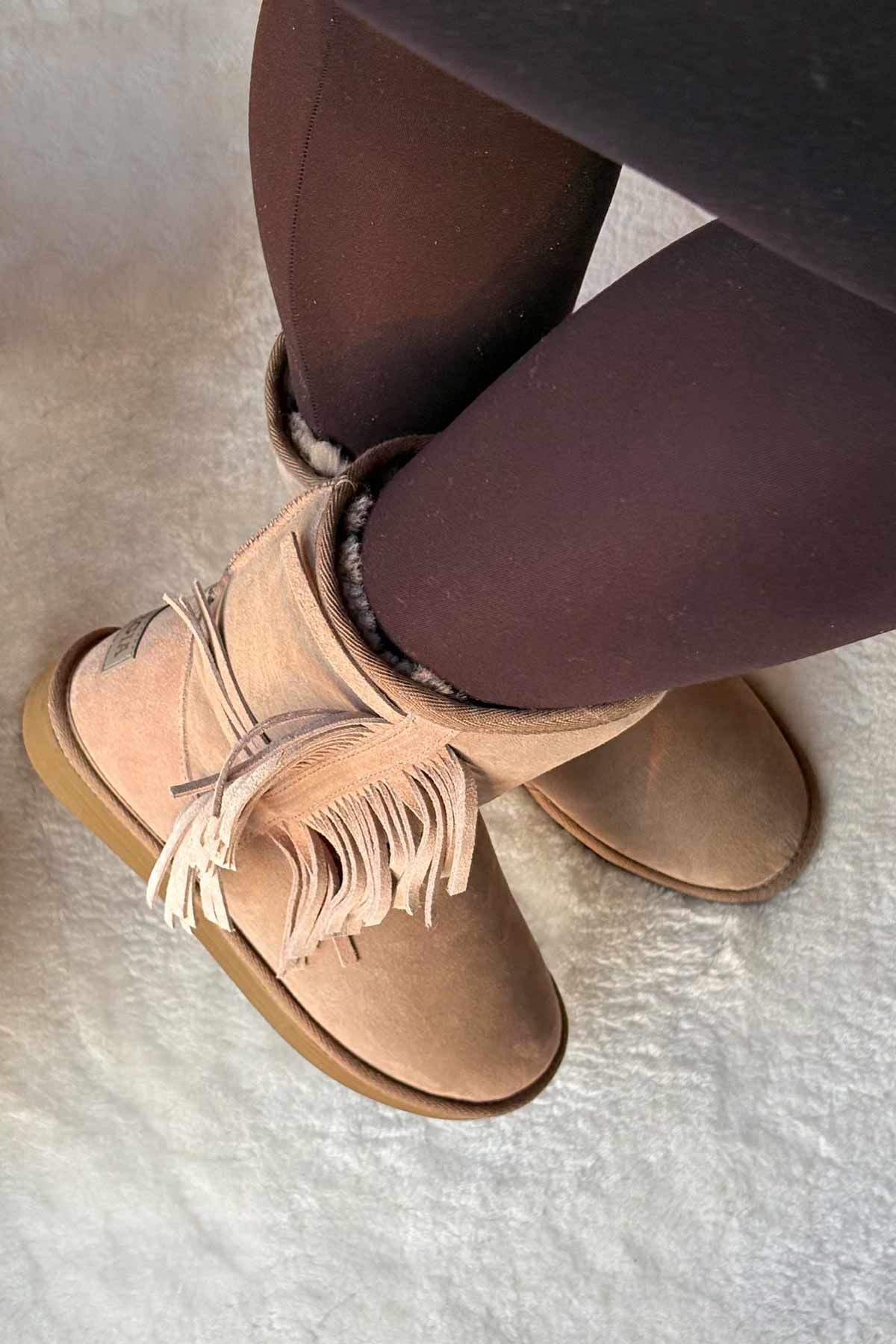 Pegia Fringed Sheepskin Tall Boots 191361  - Stone