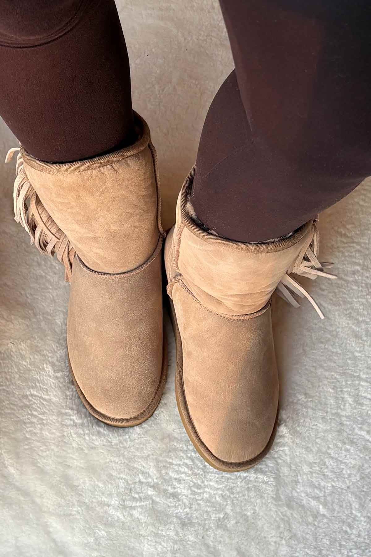 Pegia Fringed Sheepskin Tall Boots 191361  - Stone