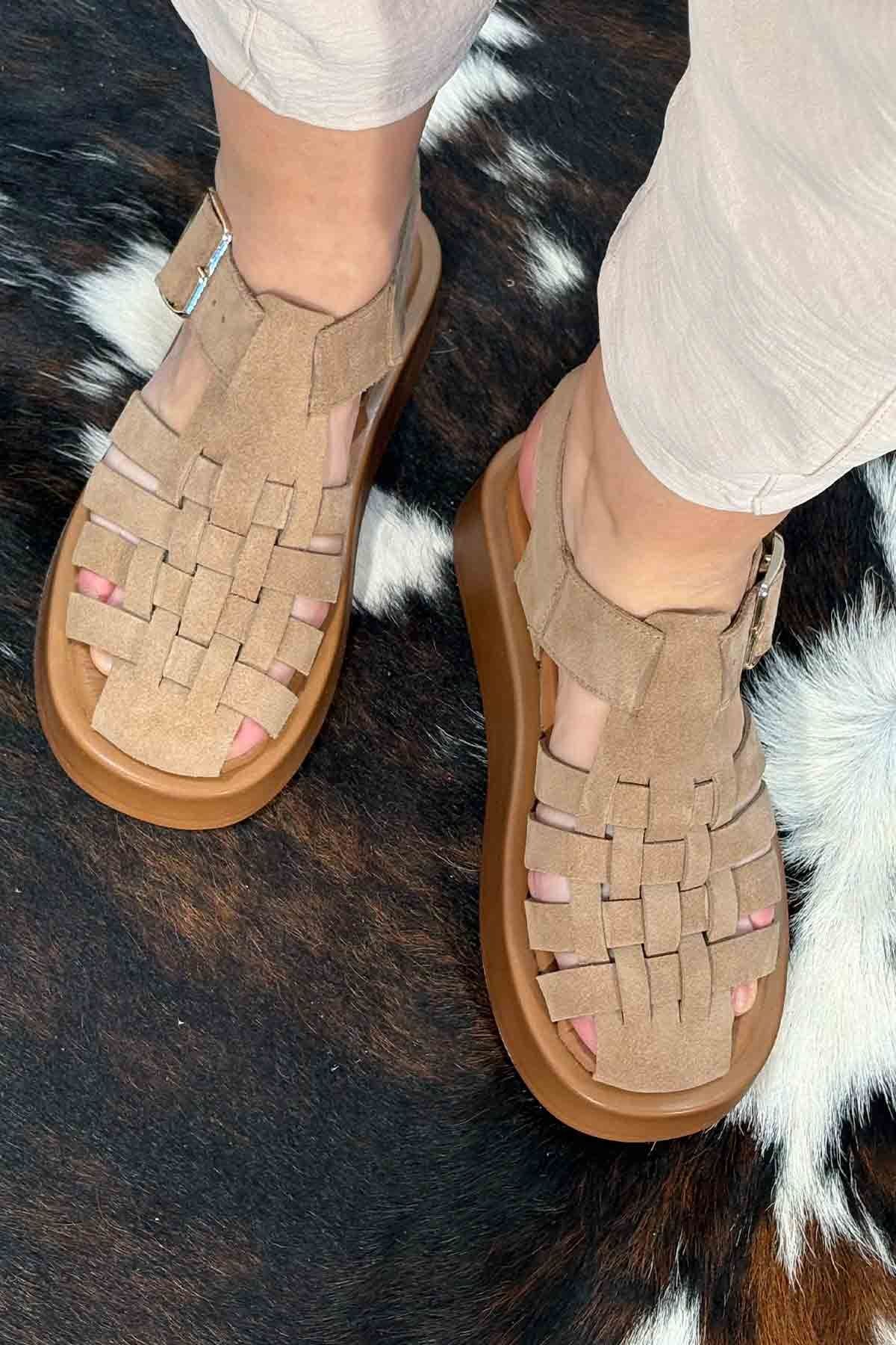 Pegia Genuine Suede Woven Women's Sandal DG6095  - Latte