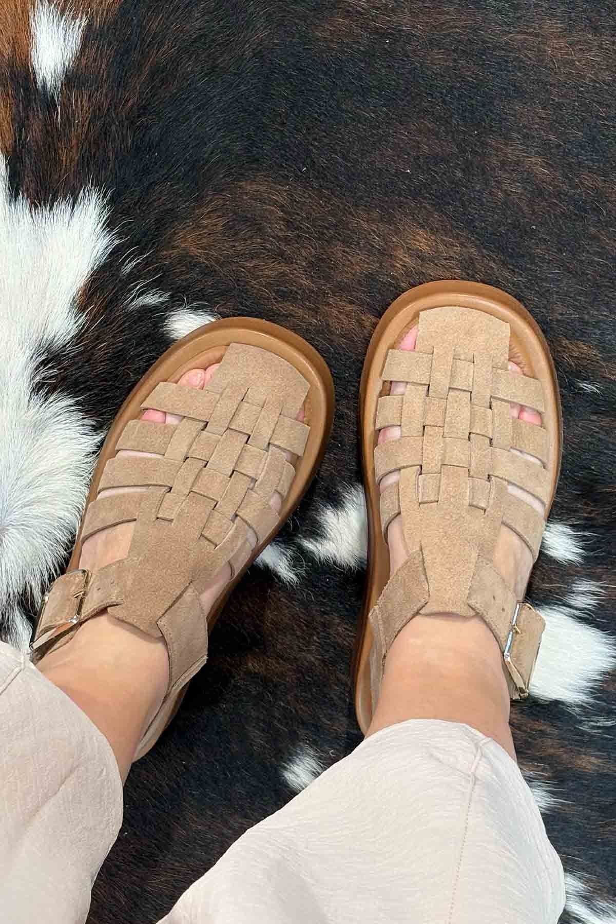 Pegia Genuine Suede Woven Women's Sandal DG6095  - Latte