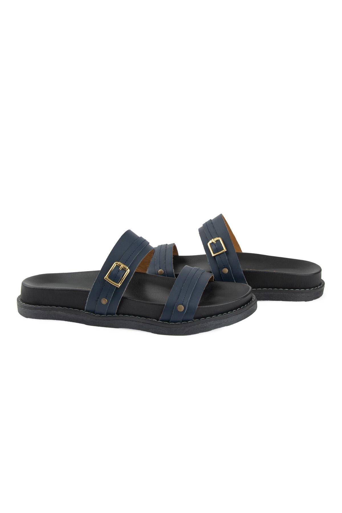 Pegia Buckled Leather Women's Slippers 215565  - Navy
