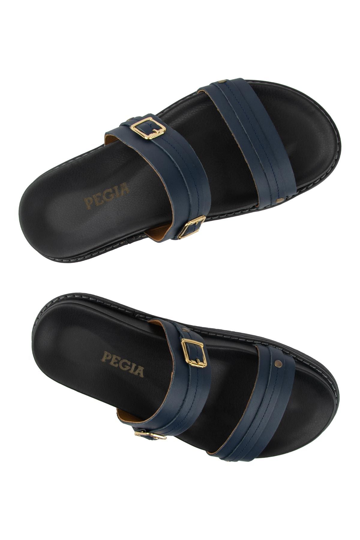 Pegia Buckled Leather Women's Slippers 215565  - Navy