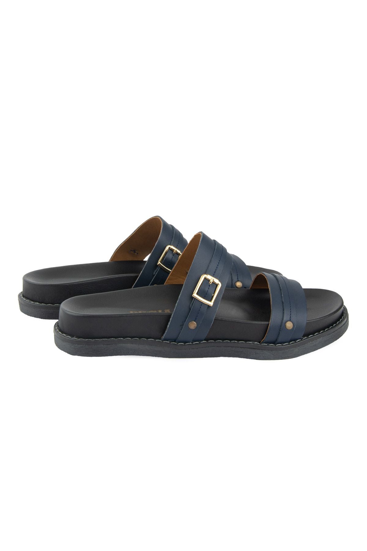 Pegia Buckled Leather Women's Slippers 215565  - Navy