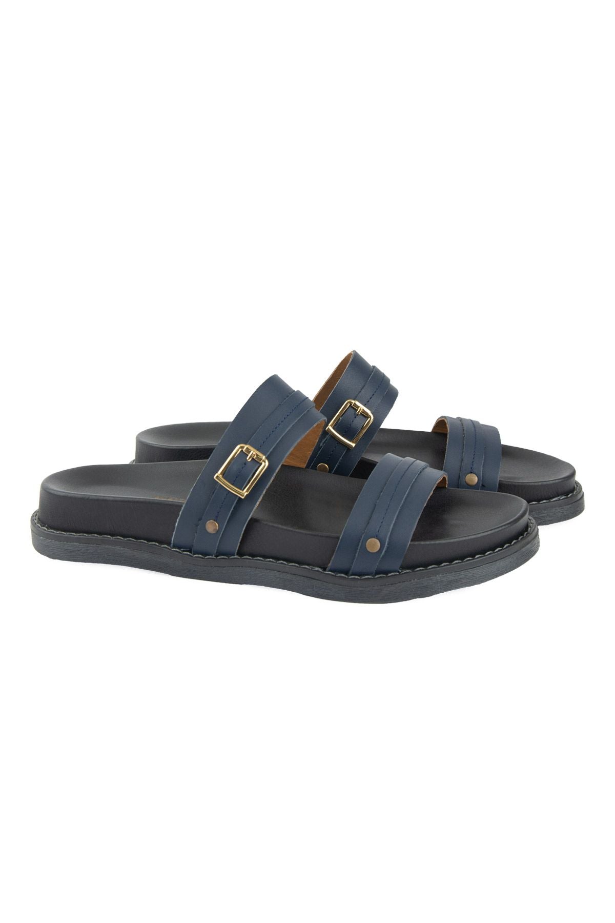 Pegia Buckled Leather Women's Slippers 215565  - Navy