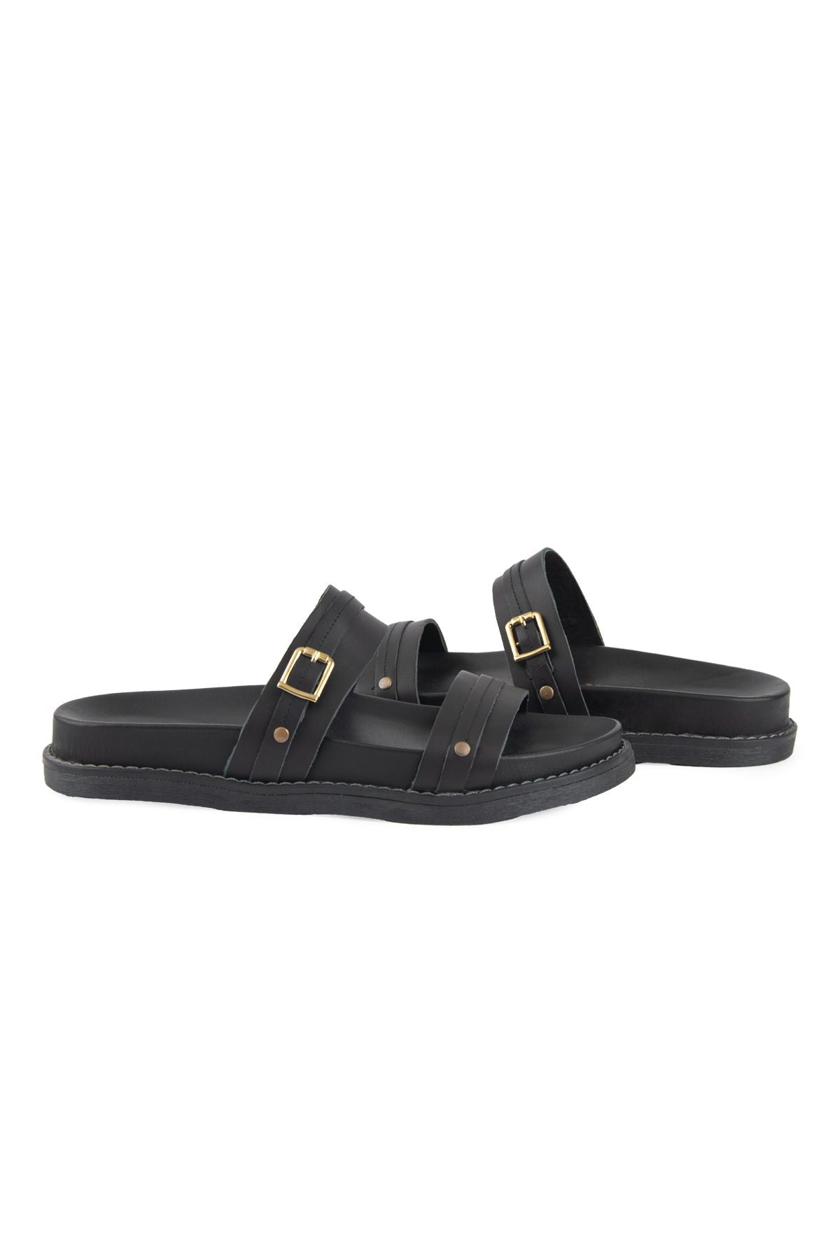 Pegia Buckled Leather Women's Slippers 215565  - Black