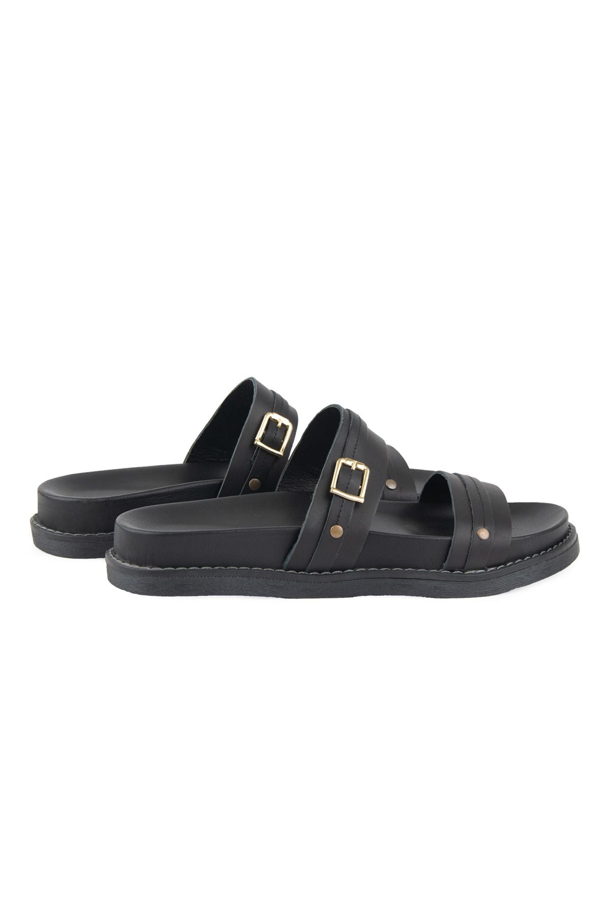 Pegia Buckled Leather Women's Slippers 215565  - Black