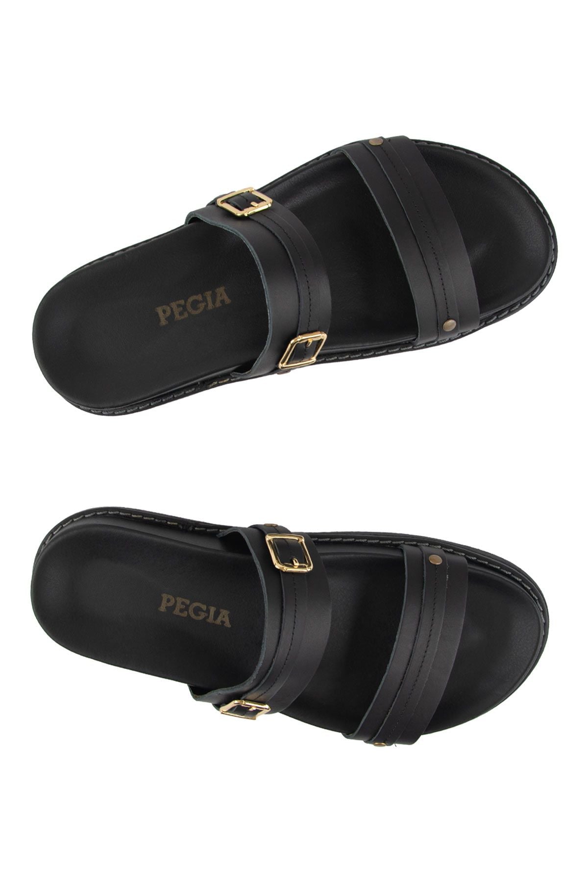 Pegia Buckled Leather Women's Slippers 215565  - Black
