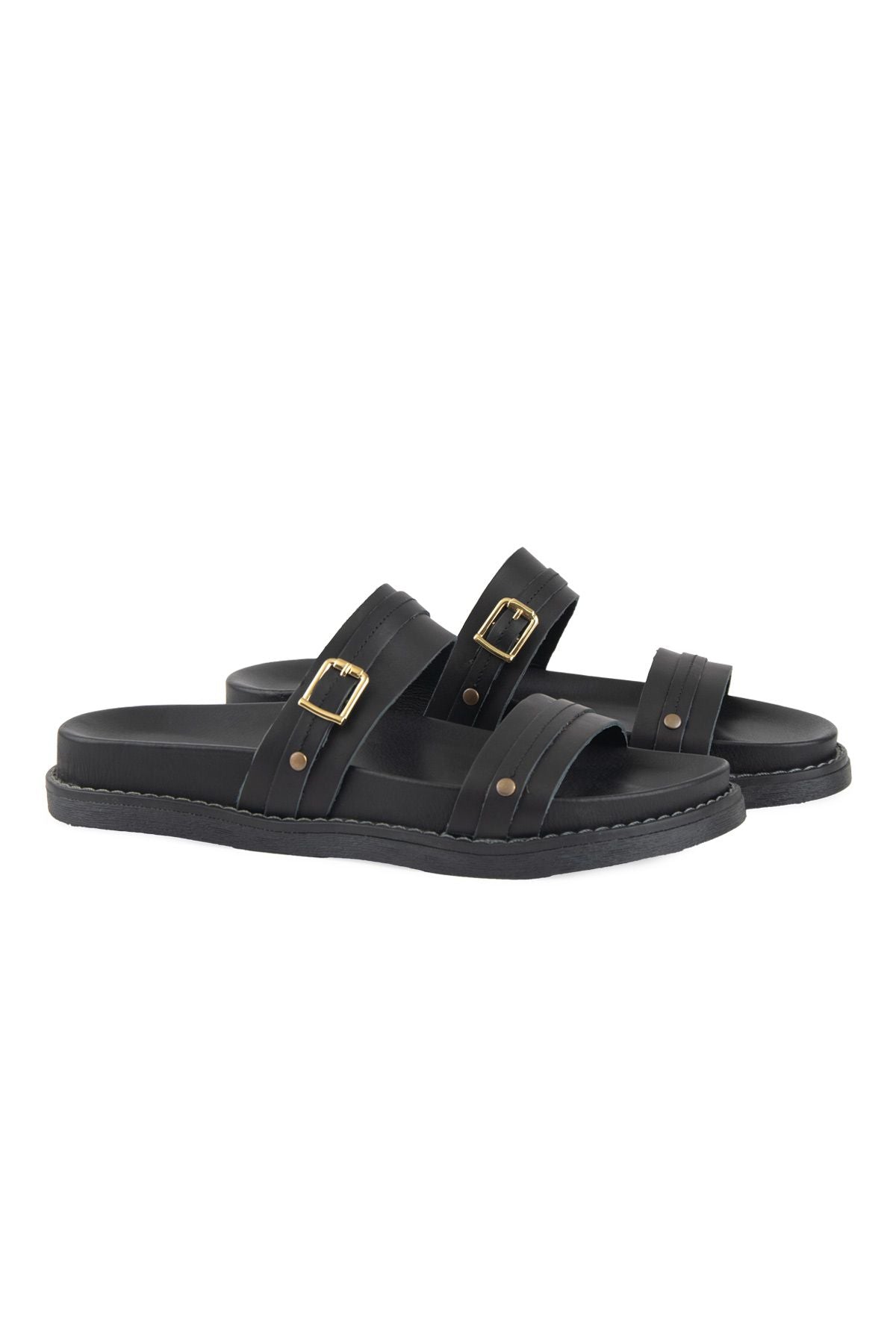 Pegia Buckled Leather Women's Slippers 215565  - Black