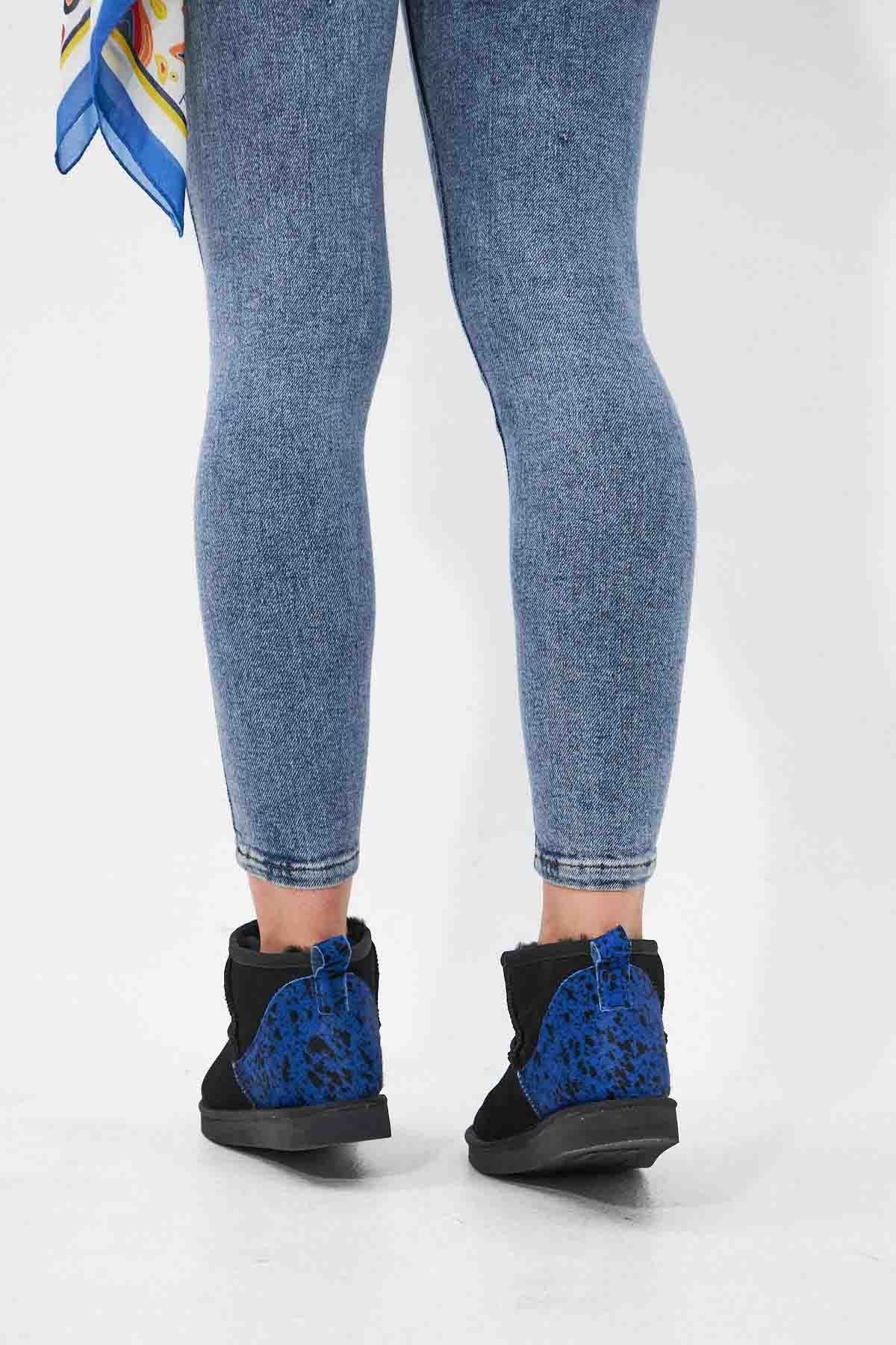 Pegia Heel Detailed Sheepskin Mini Boots 191142  - Blue