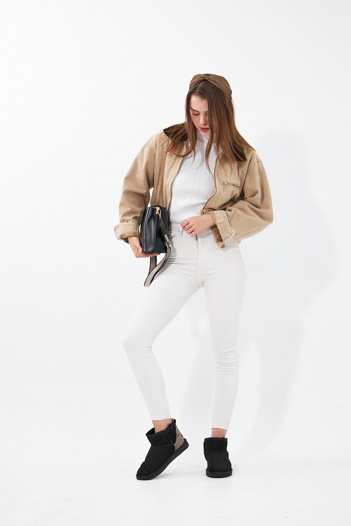 Pegia Heel Detailed Sheepskin Mini Boots 191143  - Beige