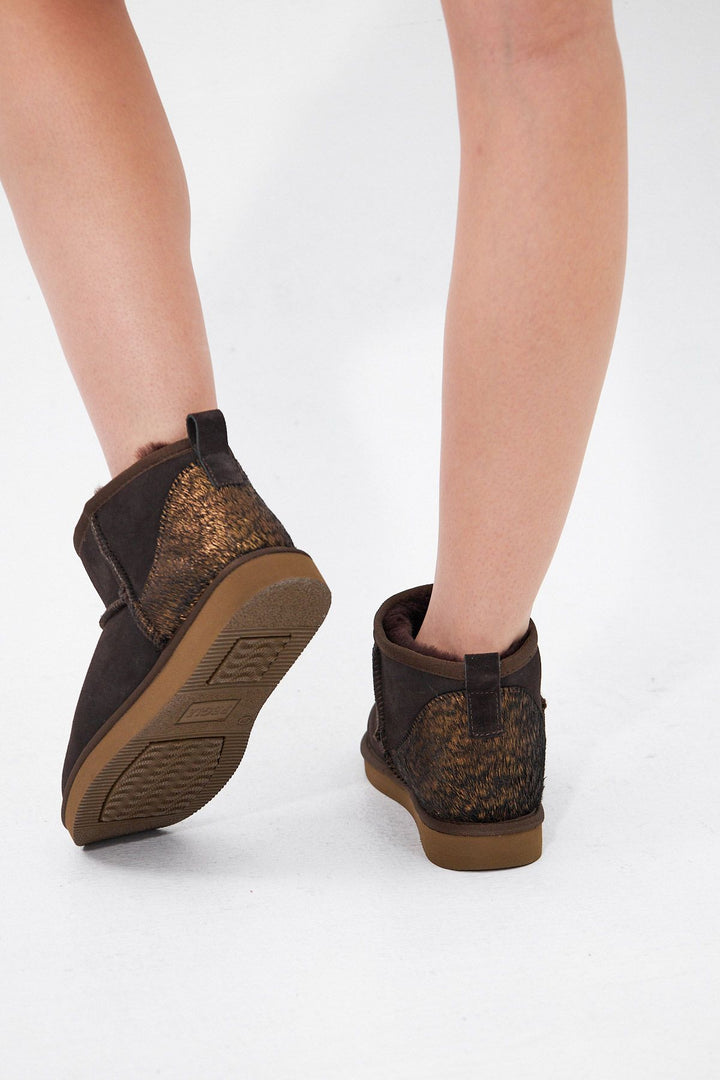 Pegia Heel Detailed Sheepskin Mini Boots 191143  - Copper