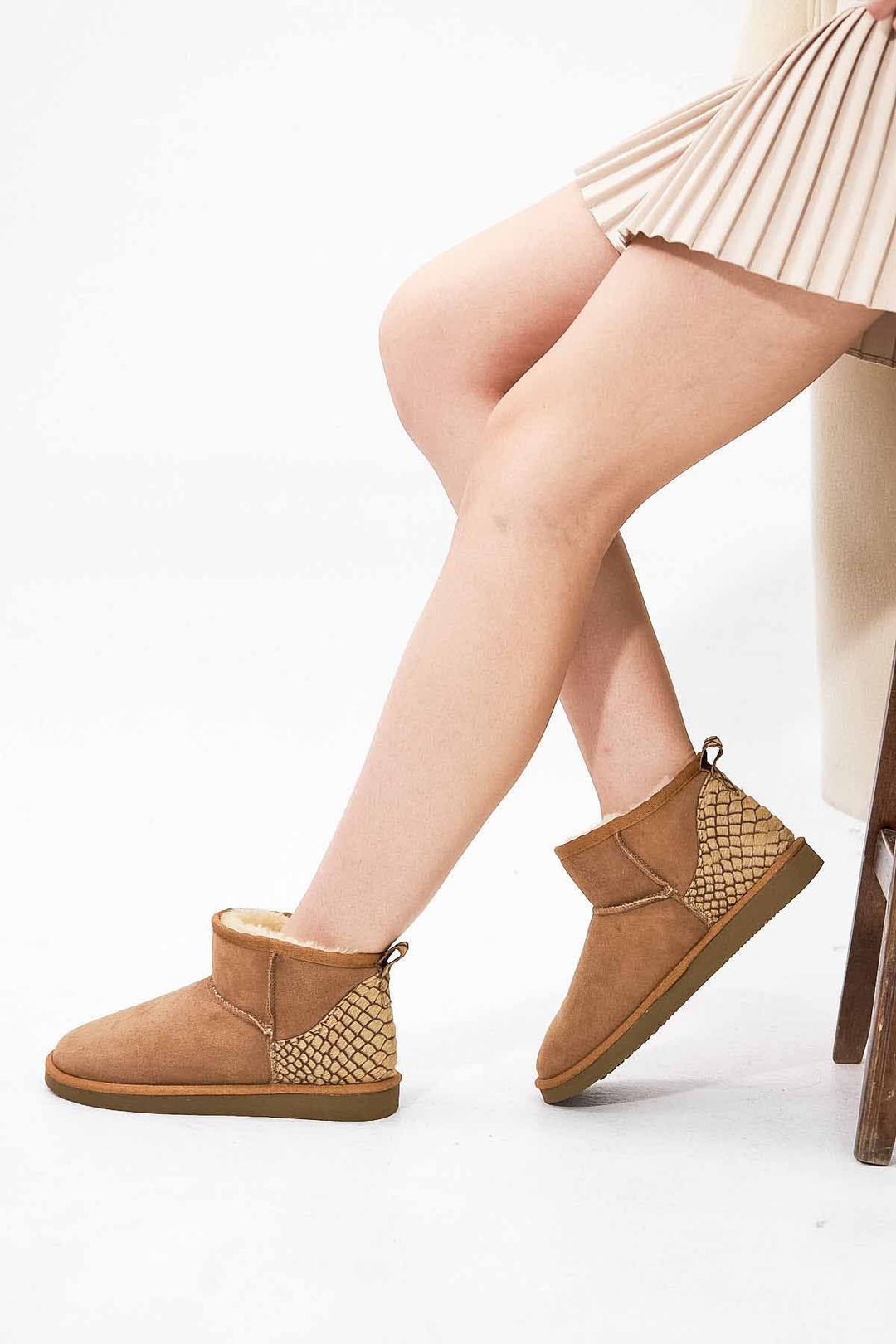 Pegia Heel Detailed Sheepskin Mini Boots 191145  - Chestnut